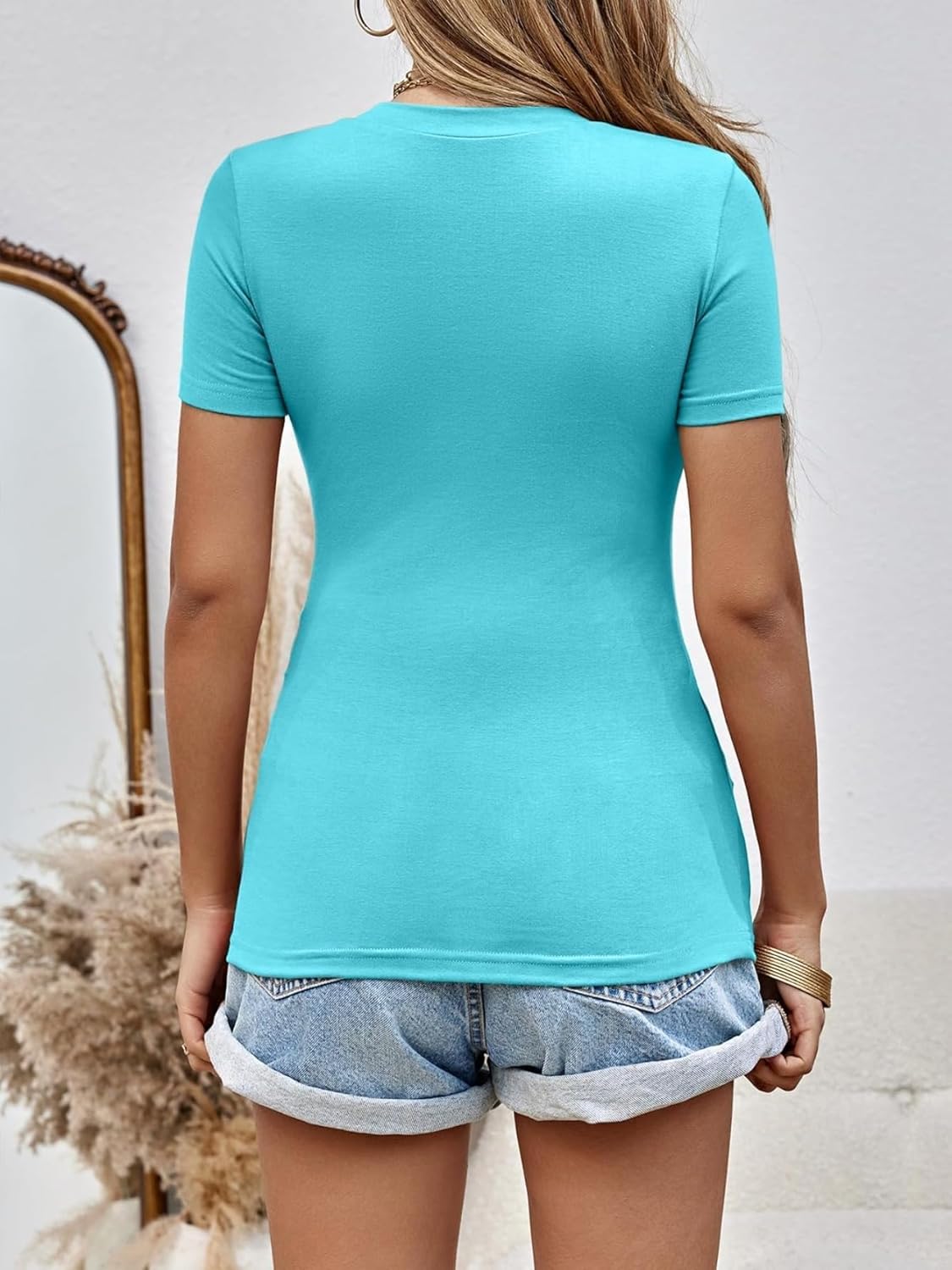 Detalle 2 de Fessceruna Damen T-Shirt V-Ausschnitt Slim Fit Kurzarm - Basic Sommer-Shirt