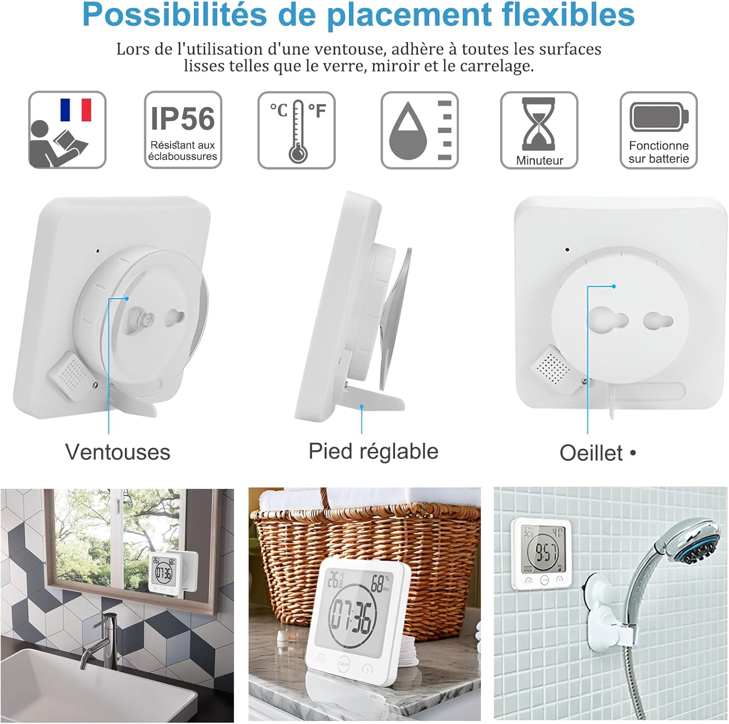 Thumbnail 2 de VORRINC horloge de salle de bain numérique à ventouse avec LCD, température et humidité