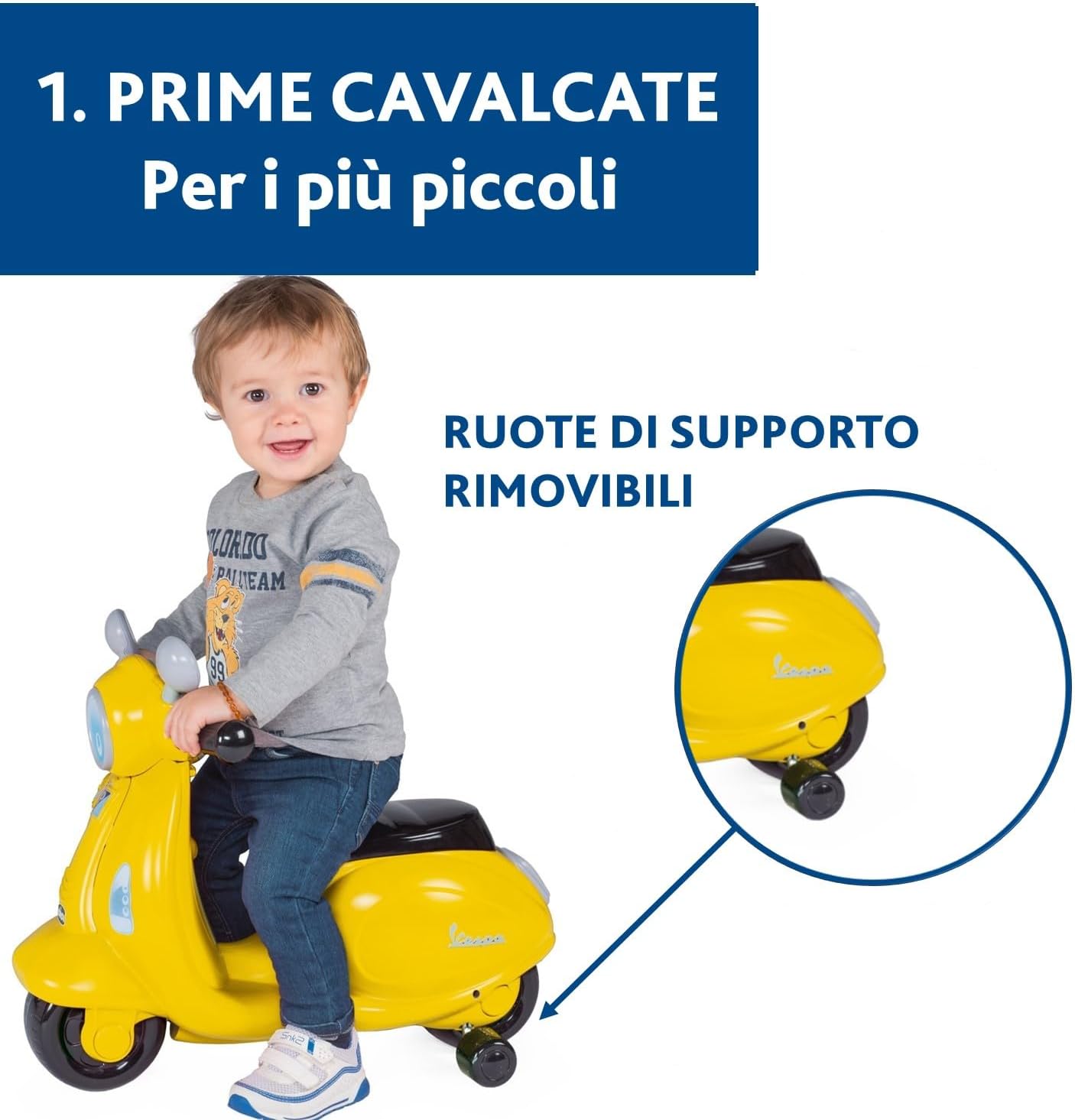 Detalle de Chicco Vespa Primavera per Bambini: moto cavalcabile con pannello elettronico e ruote removibili