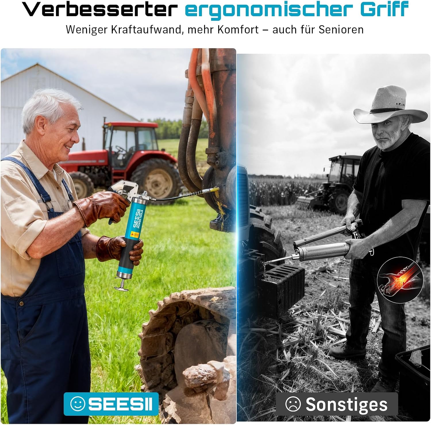Detalle de Seesii Fettpresse 8000 PSI – 400 ml Einhand Fettpresse mit Schnellkupplung, 90°-Adapter und flexiblem Schlauch
