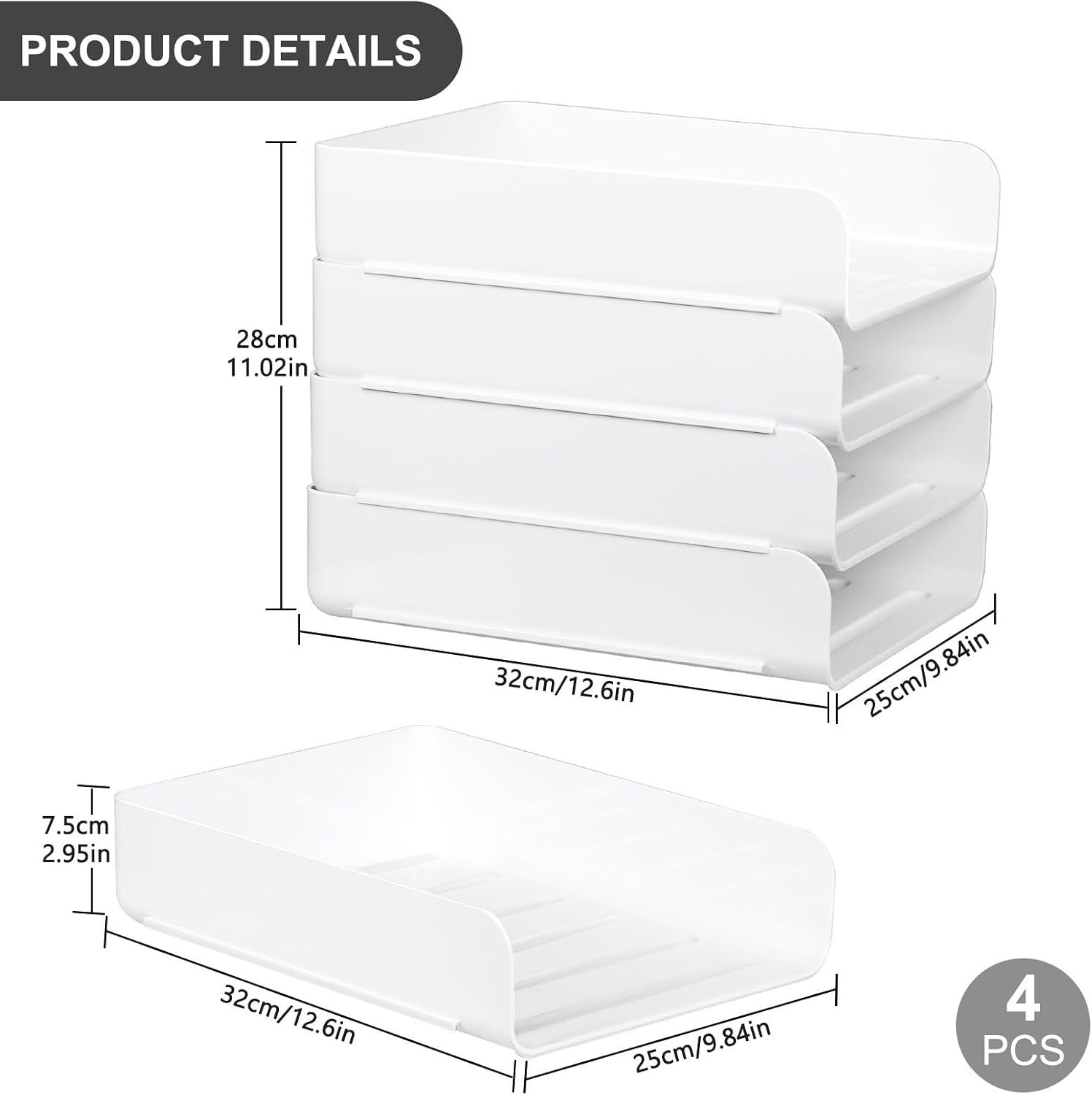 Detalle de Greentainer 4-stöckiger Ablagekorb für A4 aus PET (stapelbar, 4er Set in Weiß)