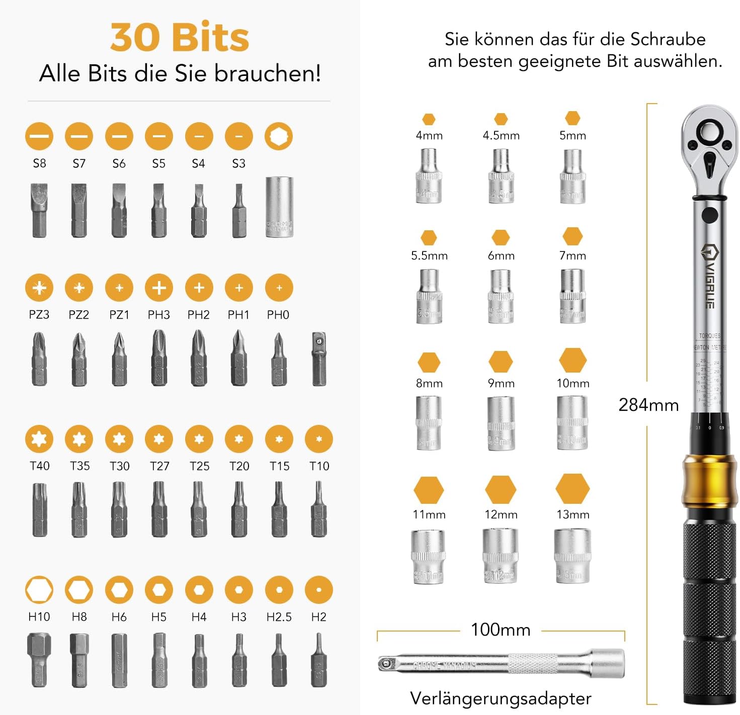 Thumbnail 5 de VIGRUE Drehmomentschlüssel Fahrrad 5–25 Nm (1/4 Zoll) – Drehmoment-Set inkl. Ratsche, Verlängerung, Gelenk und Bits