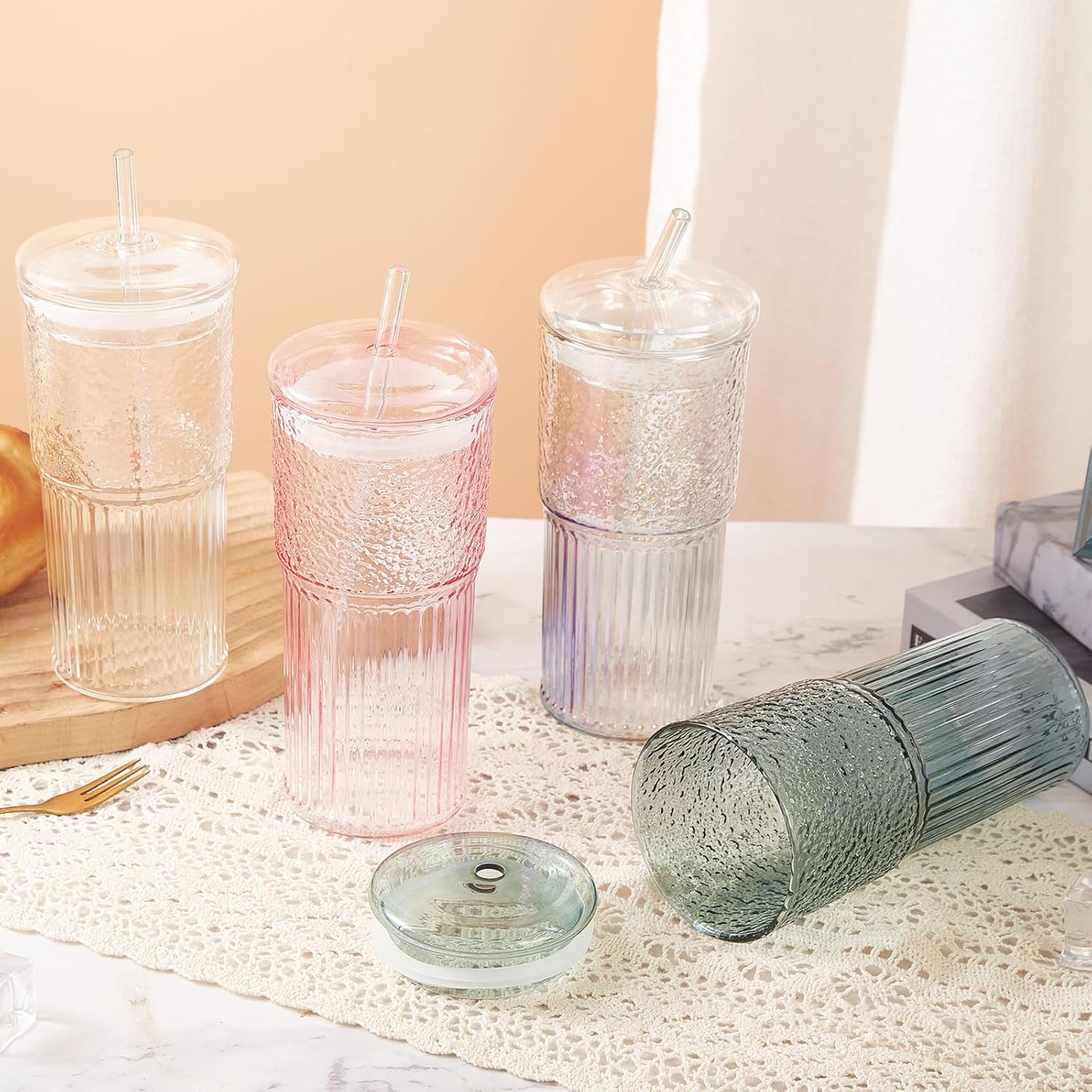 Thumbnail 1 de GOSCHE 590 ml Glass Cup with Lid and Straw – Vintage Ripple Wide Mouth Tumbler (2 Pack) in Pink