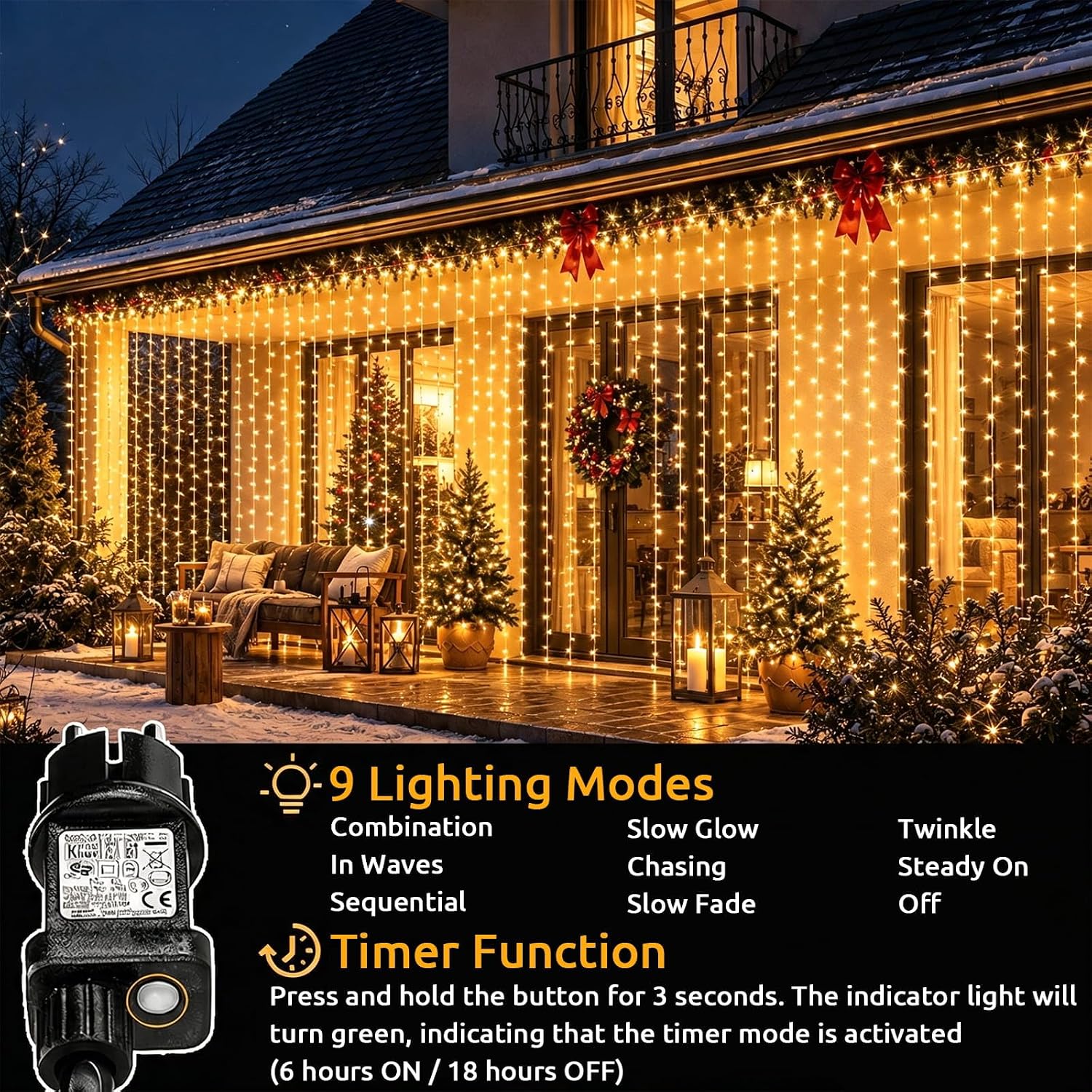Detalle 2 de Yowin ljusgardin 6 × 3 m med 600 varmvita LED-lampor och 8 lägen