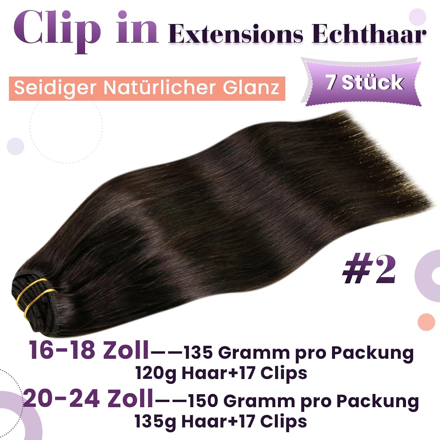 Thumbnail 2 de LaaVoo Echthaar Clip-in Extensions Braun, 40 cm, 7 Stück – Echthaar Dunkelbraun