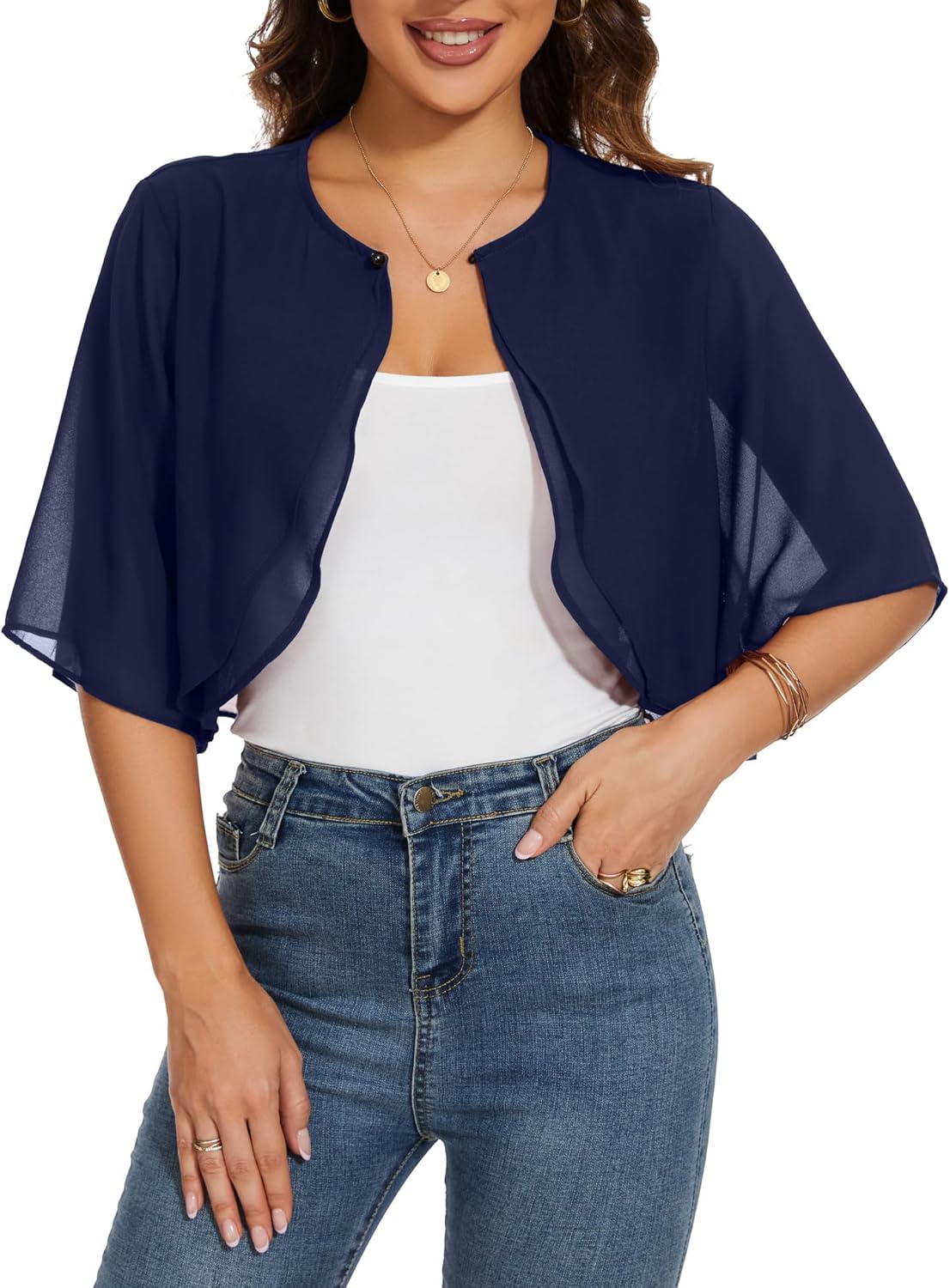 Thumbnail 6 de HANERDUN Damen-Bolero aus Chiffon mit 3/4-Ärmeln und Taillenverschluss