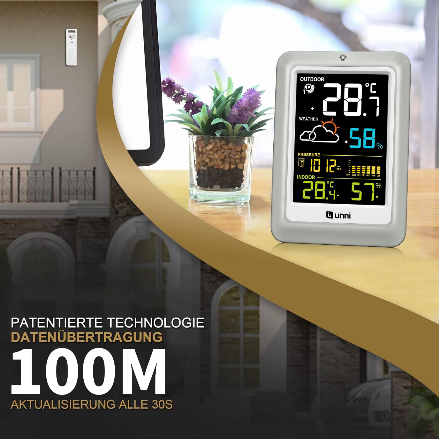 Thumbnail 2 de U UNNI Funk-Wetterstation mit Außensensor (Batterie oder USB), Wettervorhersage & 3 Helligkeitsstufen