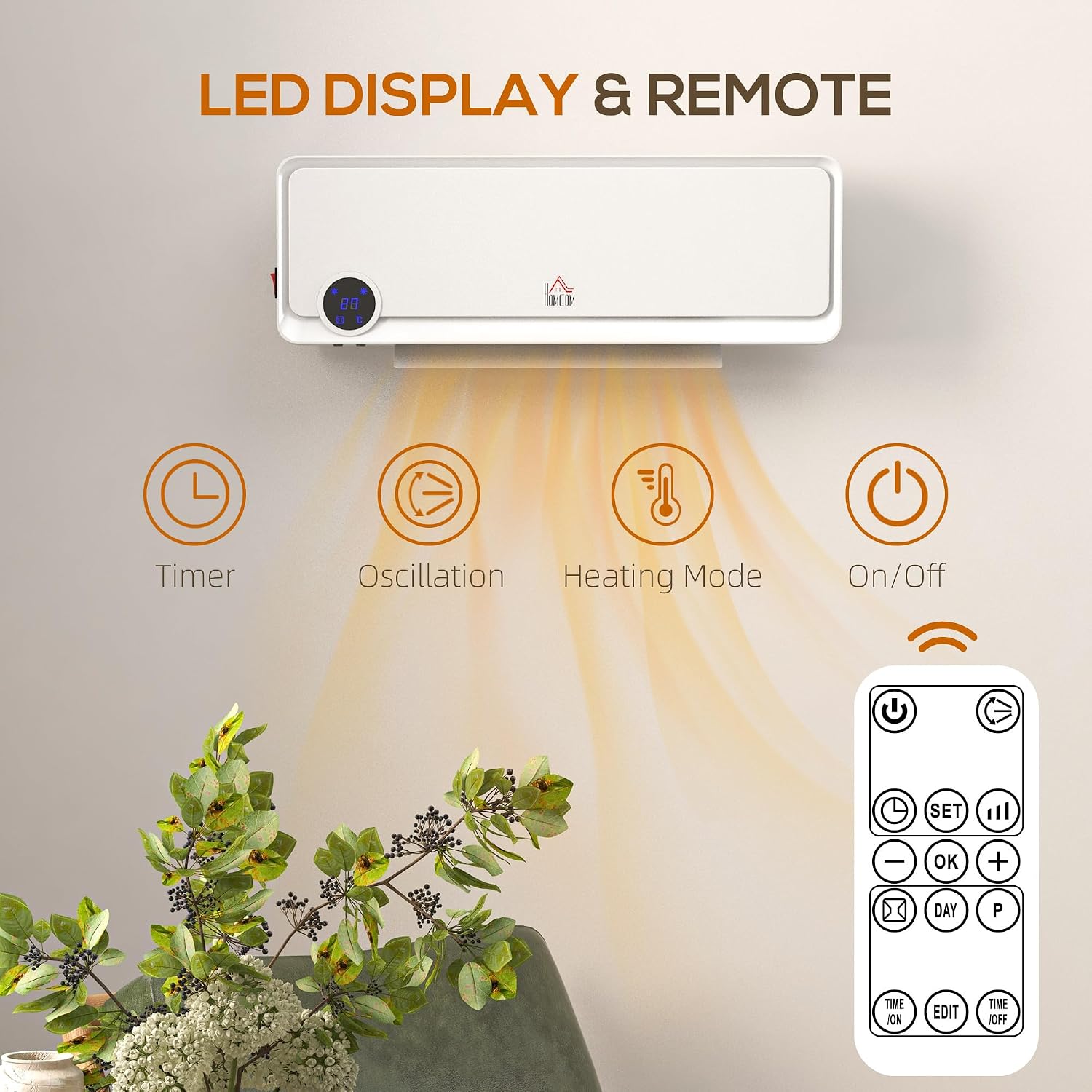 Detalle de HOMCOM 820-252V70WT Wall-Mounted Heater, 1000W/2000W, Fan and Timer