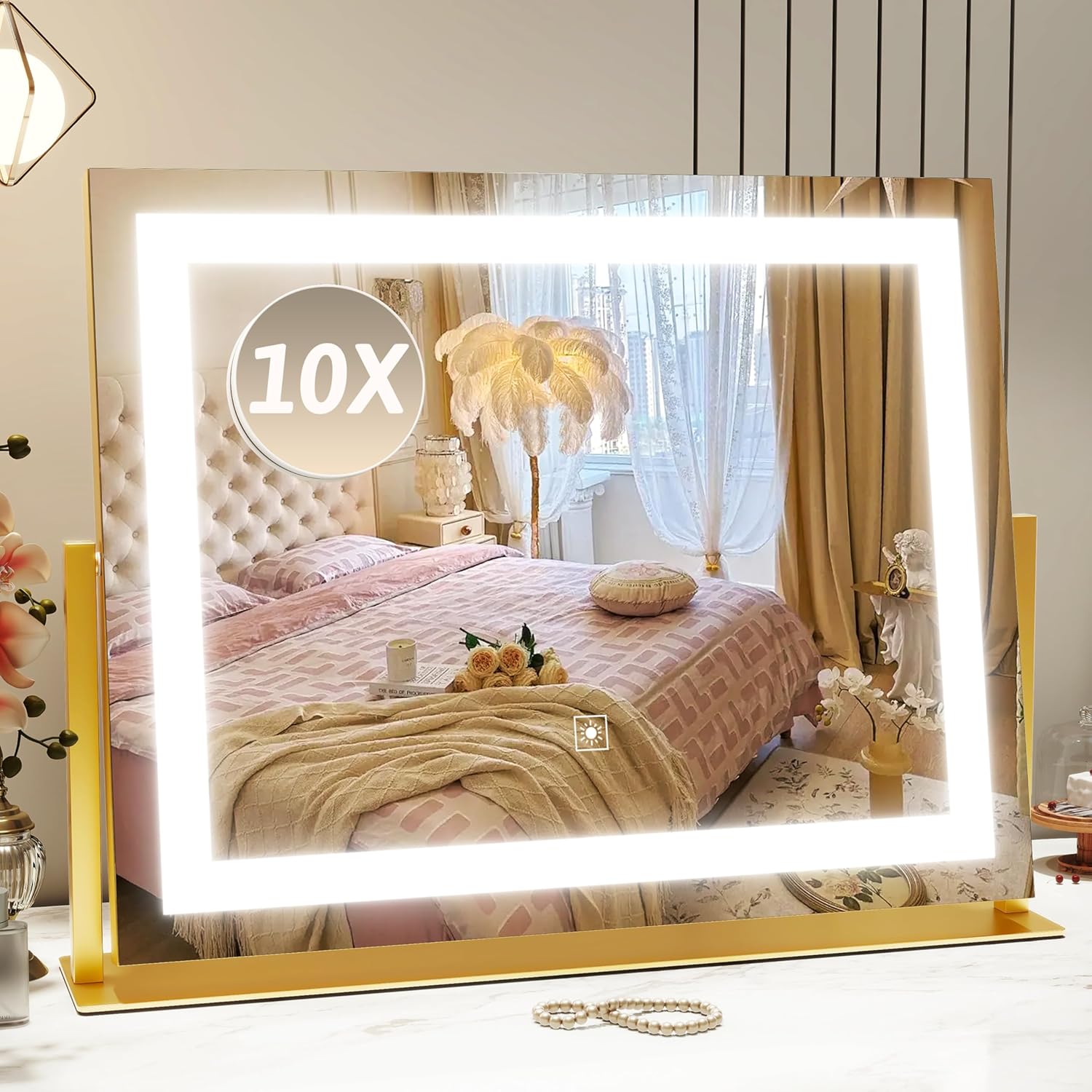 ROLOVE Vanity Mirror with Lights (22"x18") – 10X Magnification, 3-Color Dimmable LED, 360° Rotation, USB Charging (Gold)