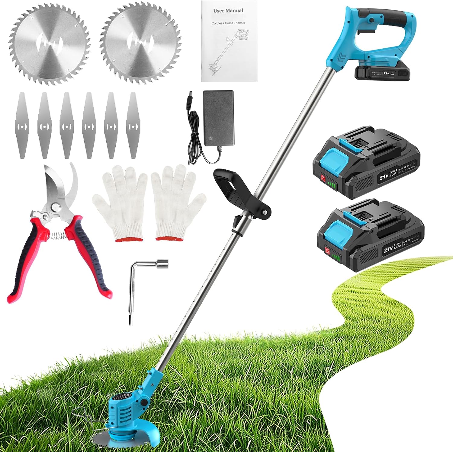 Imagen de Cordless Strimmer 21V with 2 Batteries – Garden Trimmer with 2 Metal Blades, Pruning Shears and Adjustable Pole (Blue) en OfertitasTOP