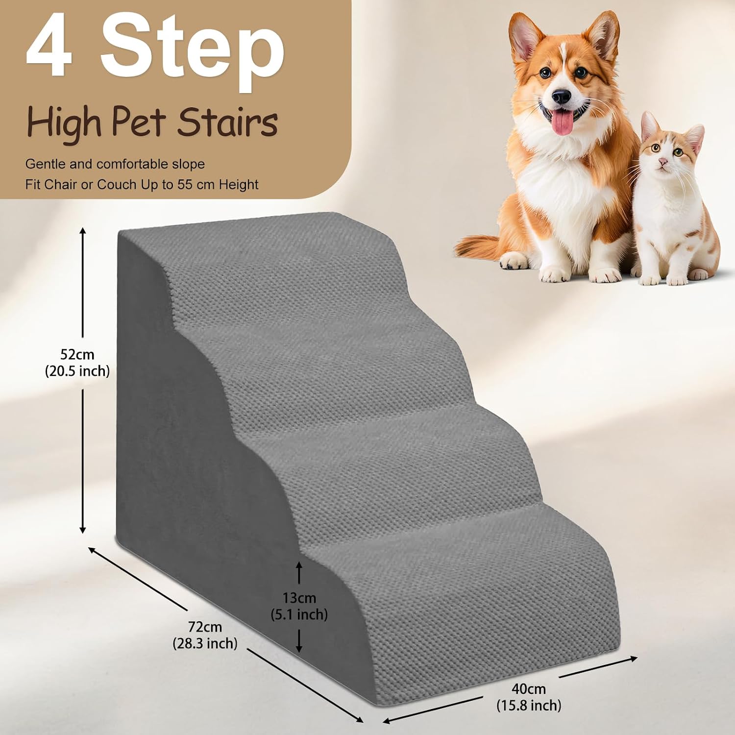 Thumbnail 1 de Niubya 4 Step Dog Stairs for High Beds – Extra Tall Foam Pet Ramp (Grey, 72x42x52 cm)