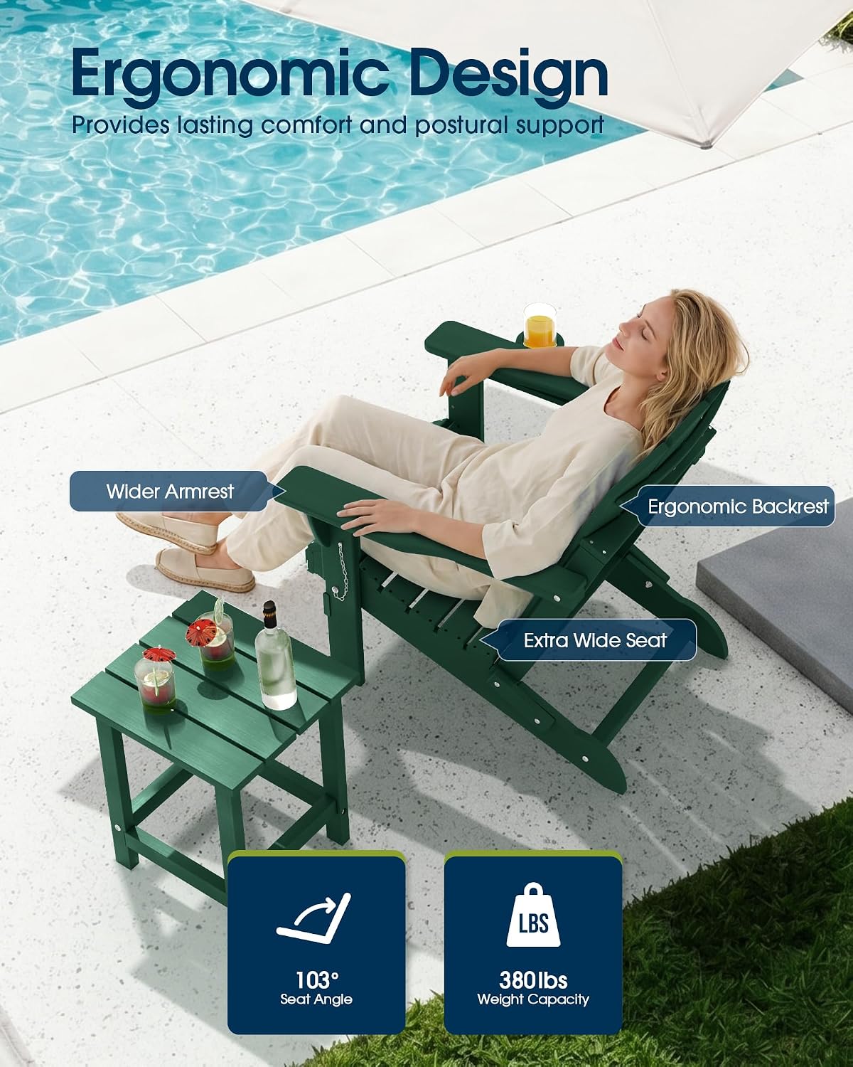 Detalle 2 de MUCHENGHY Folding Adirondack Chair Set of 2, Green HDPE Patio Chairs with Cup Holders