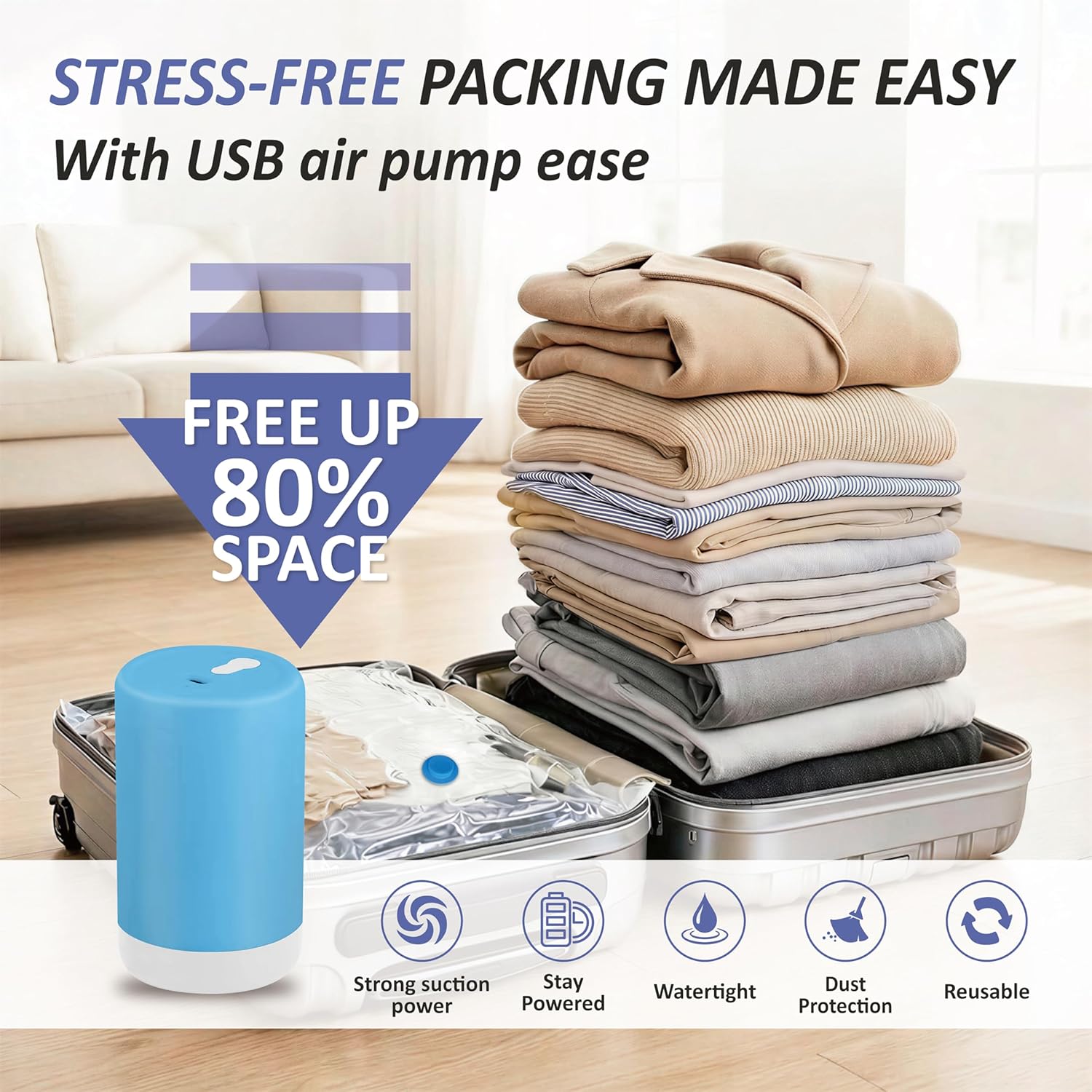 Detalle de Cozy Essential Rechargeable Vacuum Storage Bags Travel Set with USB Cordless Pump (15-Combo)