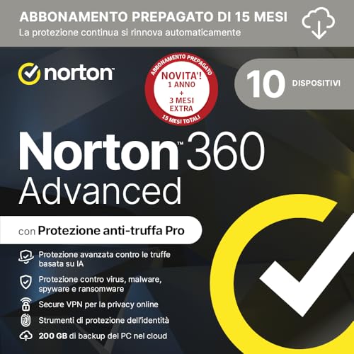 Detalle de Norton 360 Advanced 2026: Antivirus multi-dispositivo con 200 GB di backup e rinnovo automatico di 15 mesi