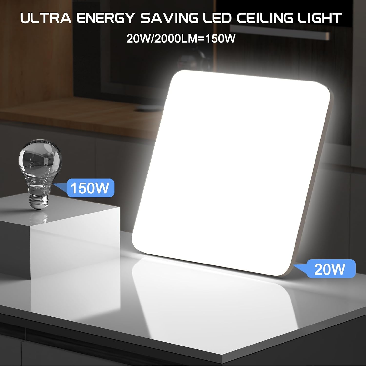 Detalle de OUILA Plafón LED Techo 20W 2000LM 6500K IP44 – Lúmina fría, diseño cuadrado ultra delgado