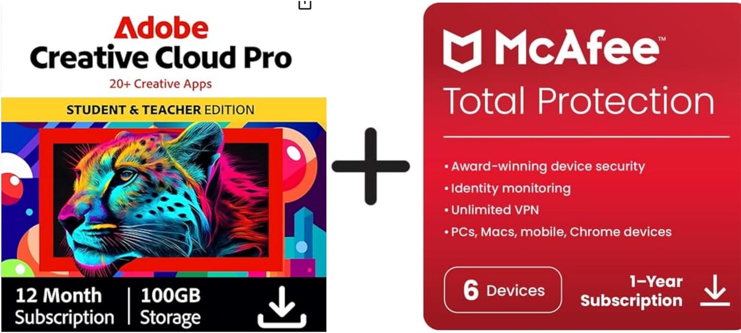 Detalle de Adobe Creative Cloud All Apps Student + McAfee Total Protection 2026 (6 Devices, 12 Months) – Activation Code by Email