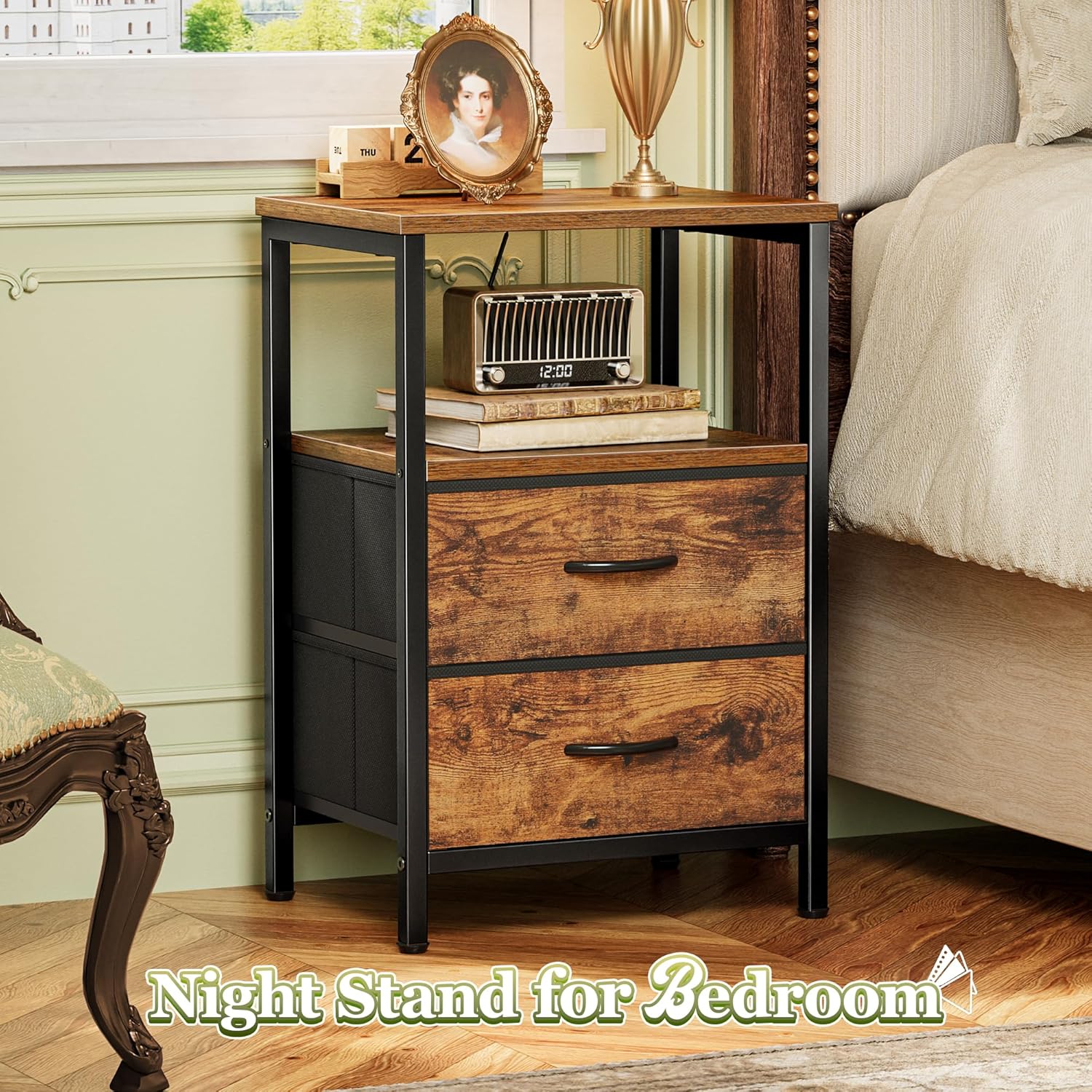Detalle de Huuger Night Stand Set 2: 2-Drawer Bedside Table with Open Shelf in Rustic Brown