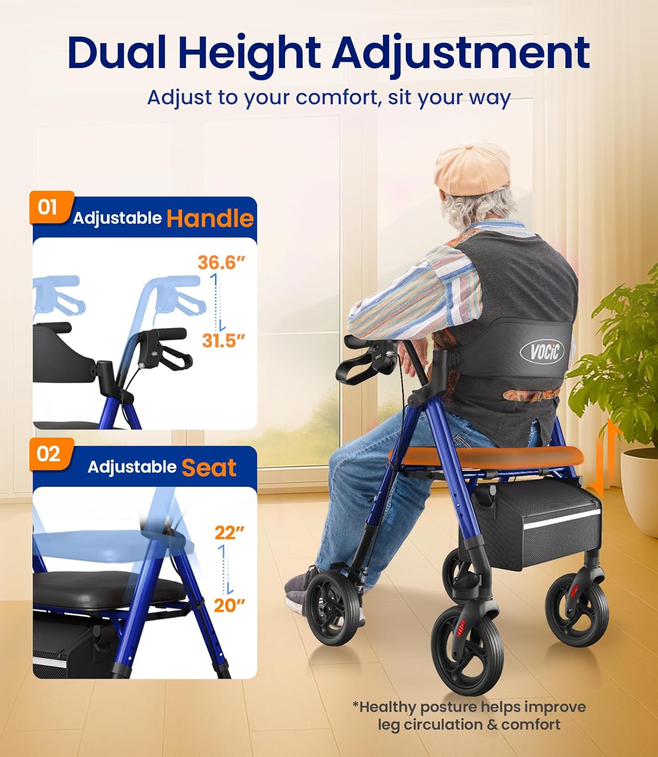 Detalle 2 de VOCIC Z21 Rollator Walker with Seat, Brakes, Bag & 20cm All-Terrain Wheels (Blue) – Adjustable Height Foldable Aid