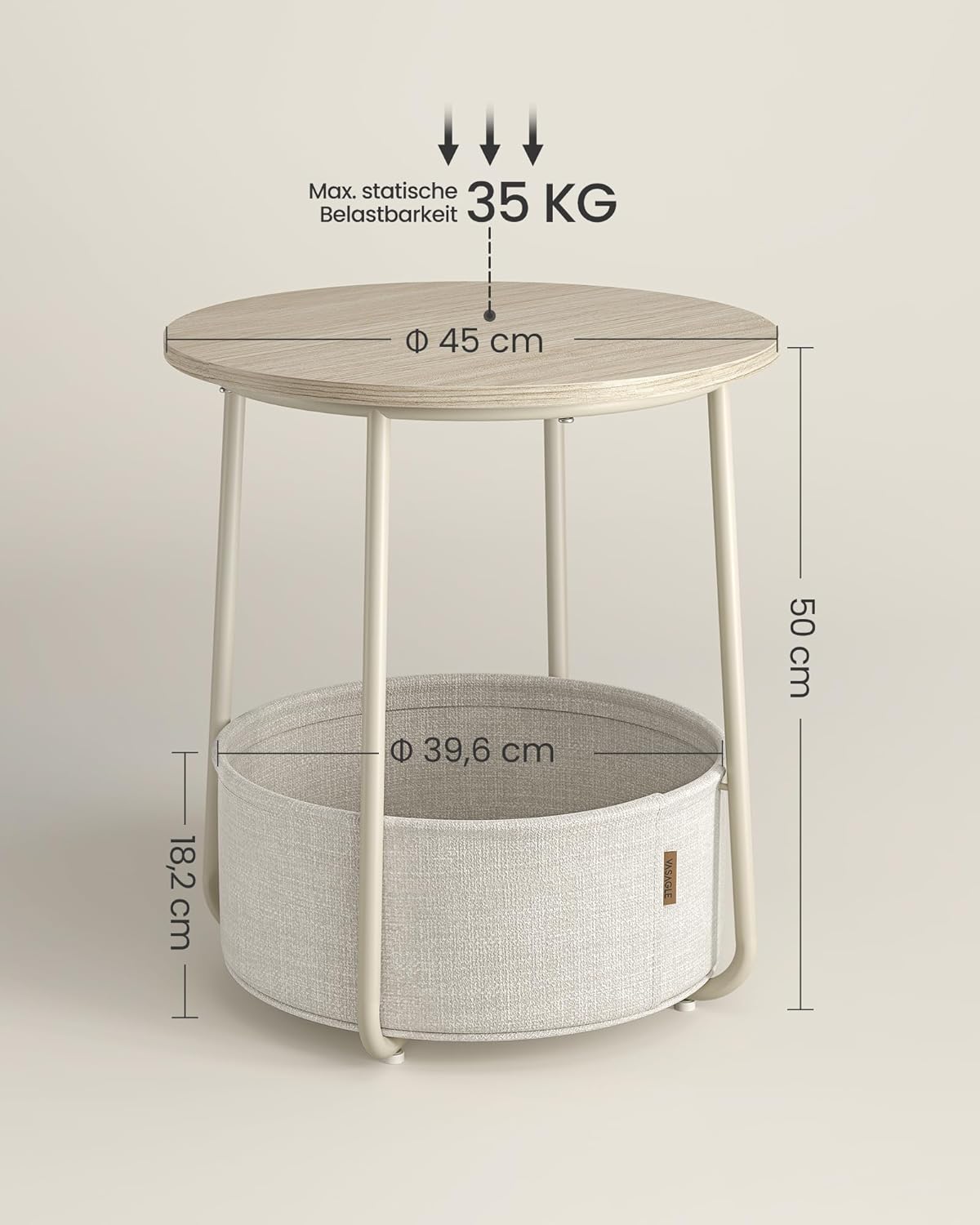 Thumbnail 1 de VASAGLE runder Beistelltisch LET223K67 – kleiner Wohnzimmertisch mit Stoffkorb, naturbeige/cremeweiß