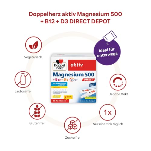 Detalle de Doppelherz Magnesium 500 + B12 + D3 DIRECT mit DEPOT-Funktion – Hochdosierte Mikropellets mit Zitronengeschmack