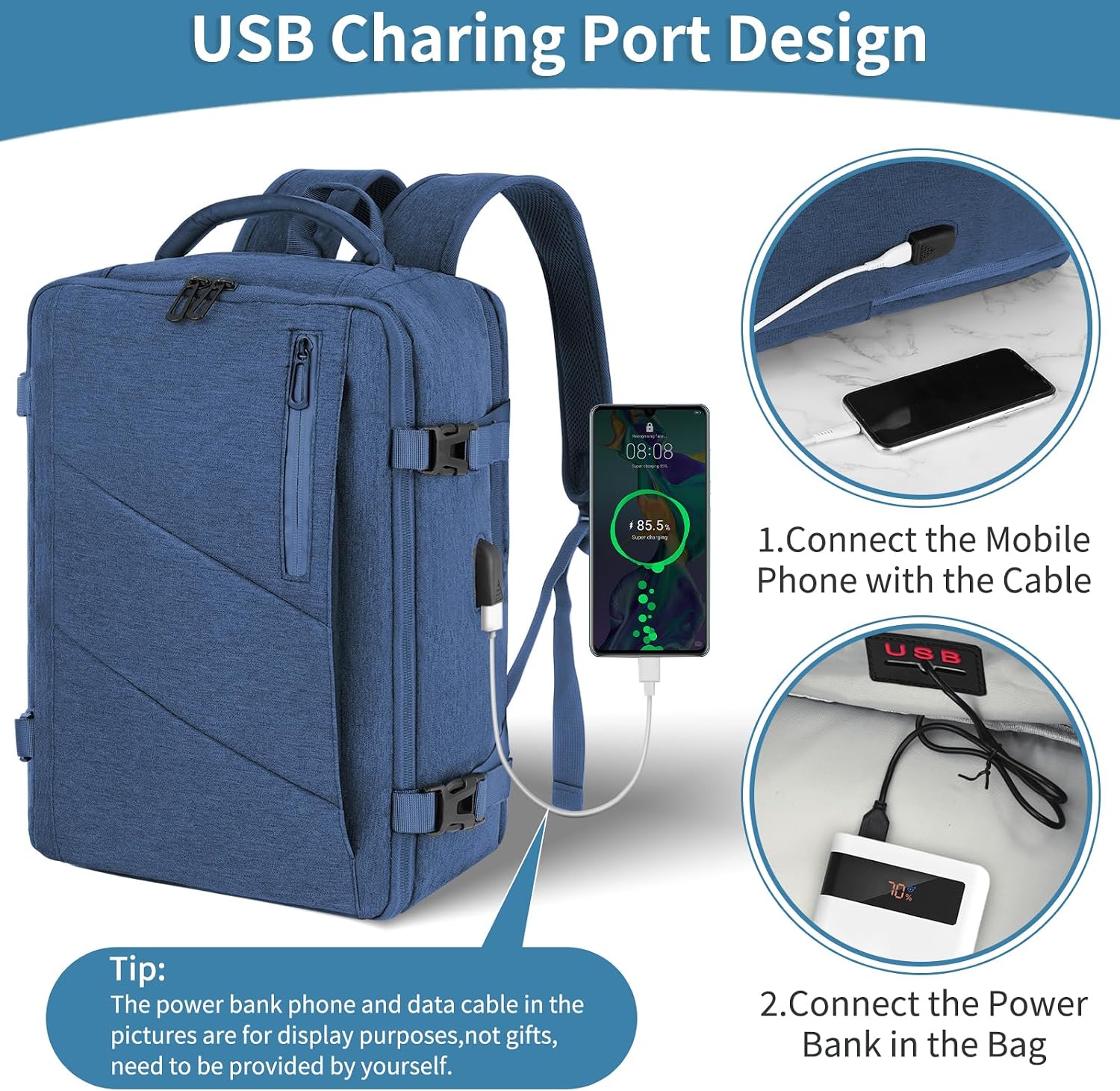 Thumbnail 3 de VOESLD Zaino Easyjet 45x36x20 Grigio Chiaro – Zaino da Cabina 32L Impermeabile con Porta USB