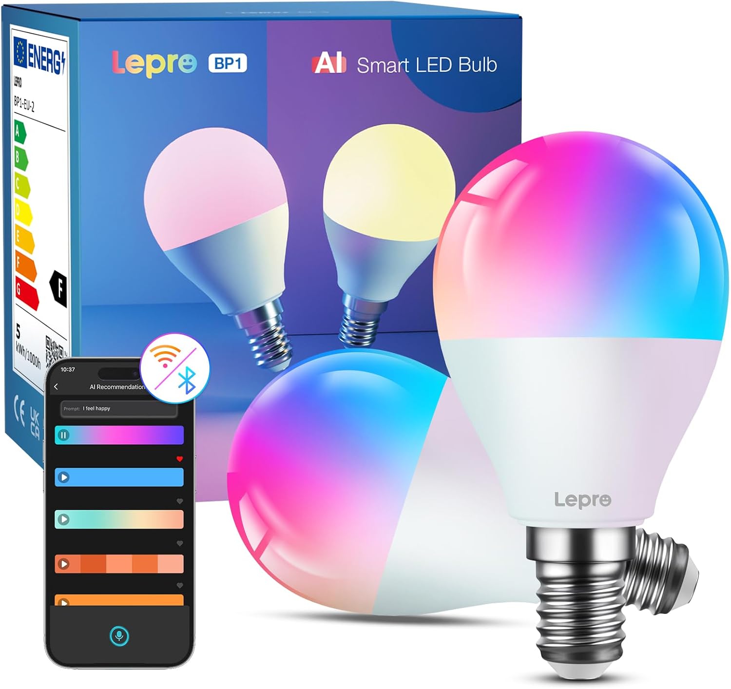 Detalle de Lepro BP1 AI Smart Bulb E14 RGBWW (Pack of 2) with Alexa & Google Assistant, Music Sync, 4.9W