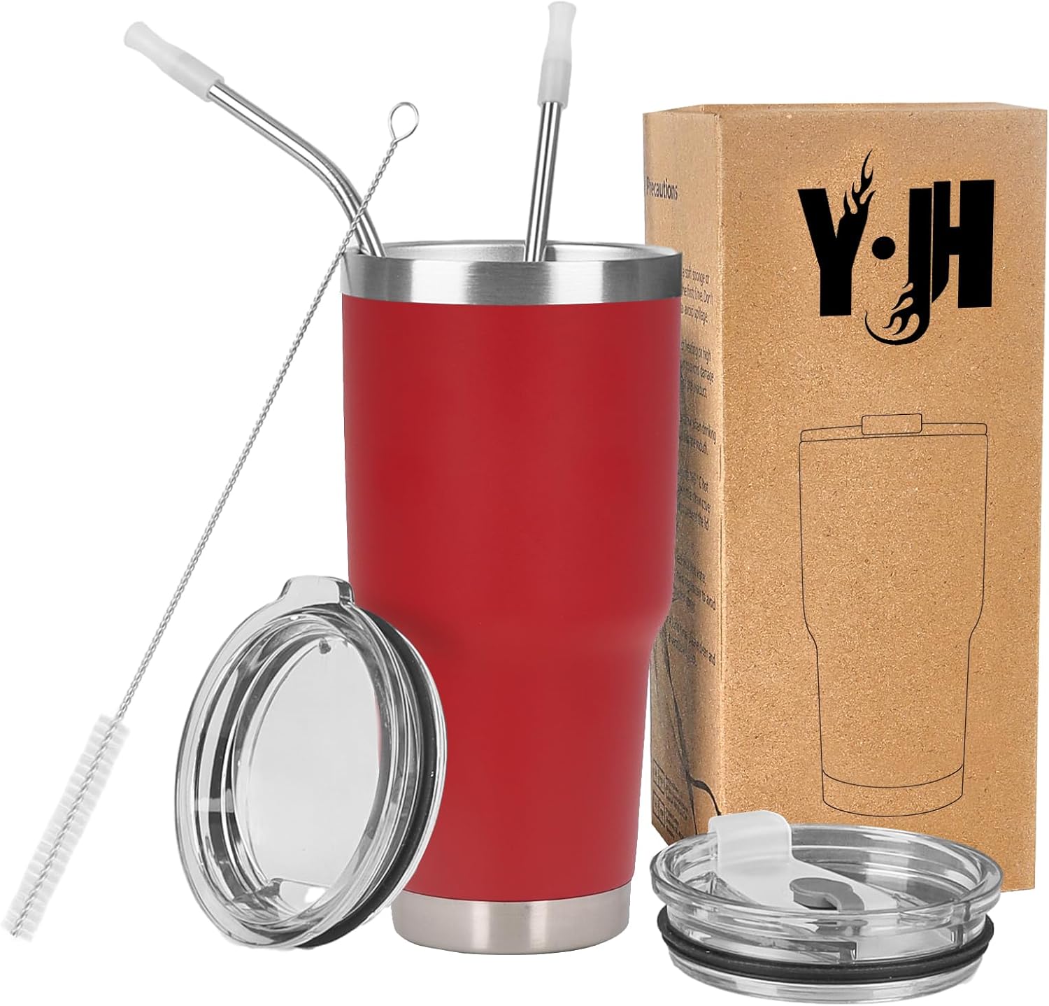 Detalle de Y·J&H 20oz Doppelwandiger Vakuum-Isolierter Autobecher aus Edelstahl – BPA-frei, mit 2 Strohhalmen & Deckeln