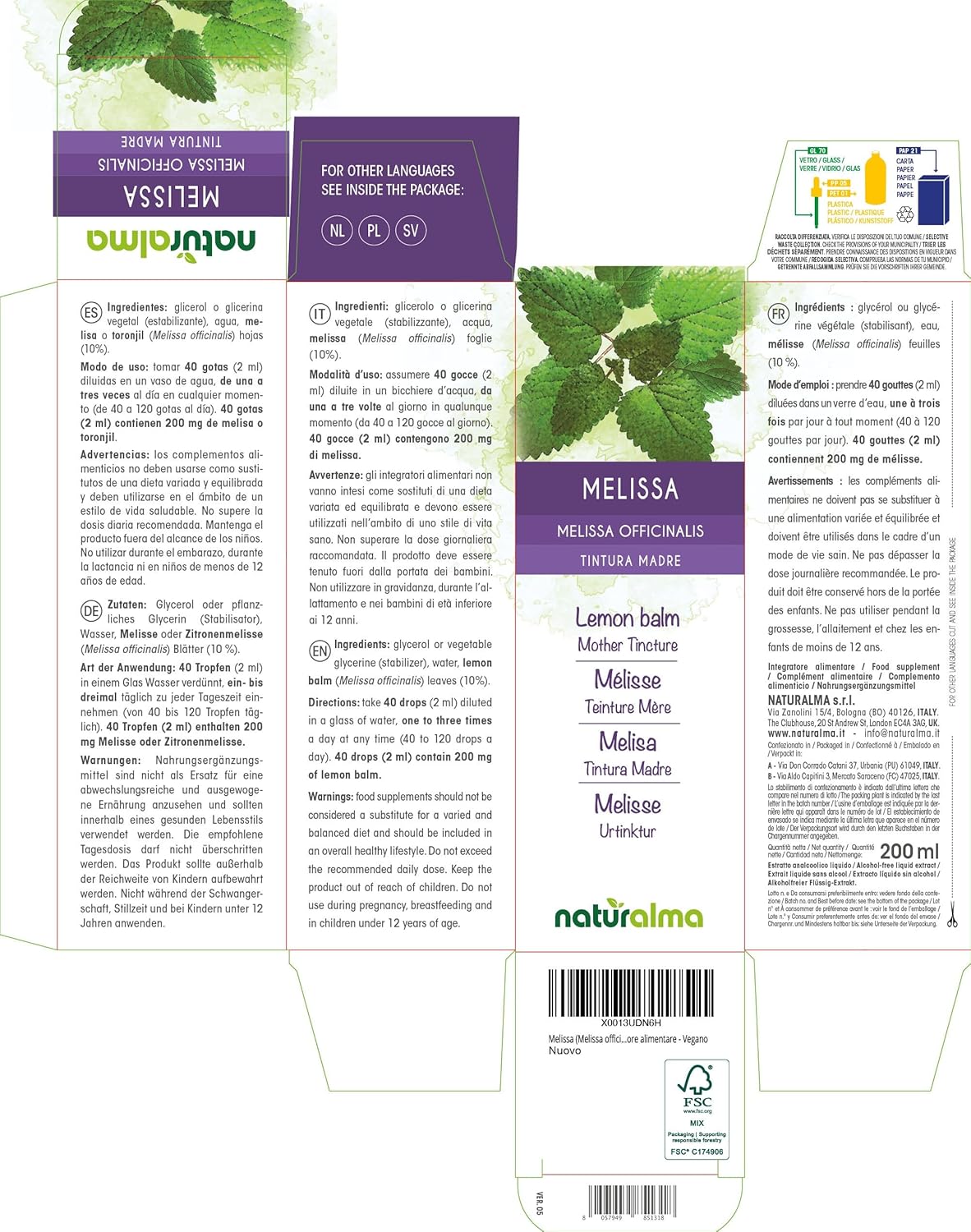 Thumbnail 1 de Melissa officinalis Tintura Madre analcolica in gocce – Naturalma, estratto foglie 200 ml (vegan)