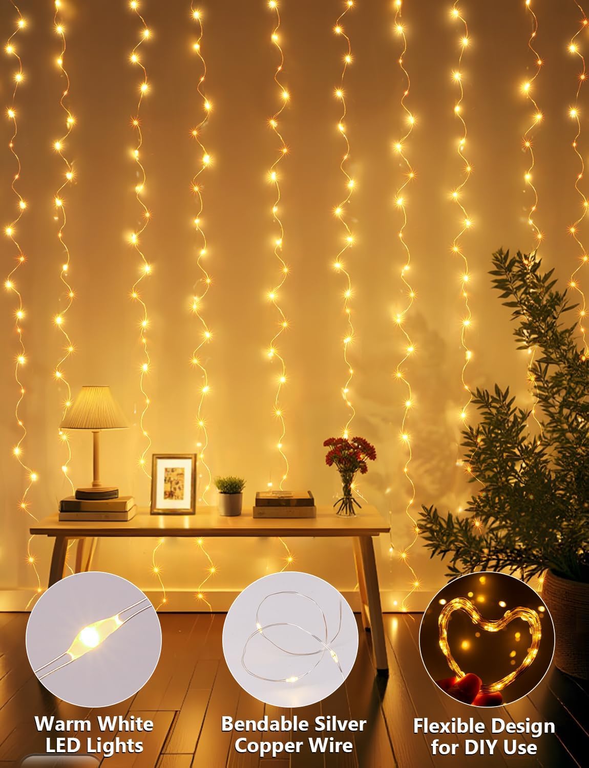Detalle de ANJAYLIA AN-WC 300-LED Warm White Curtain Lights, 8 Modes