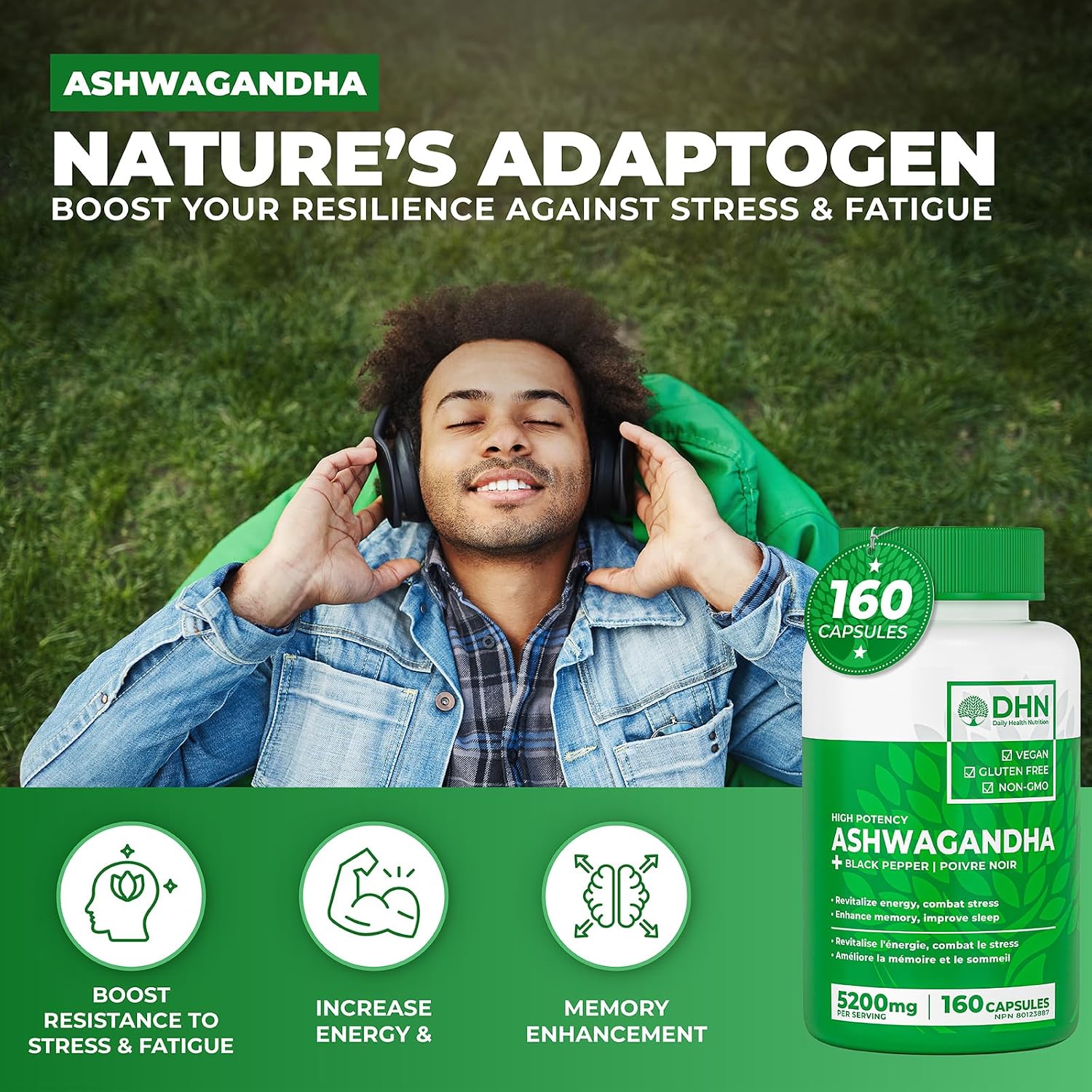 Detalle 2 de DH Nutrition Ashwagandha Capsules, 4:1 Root Extract, Black Pepper, 320 Count