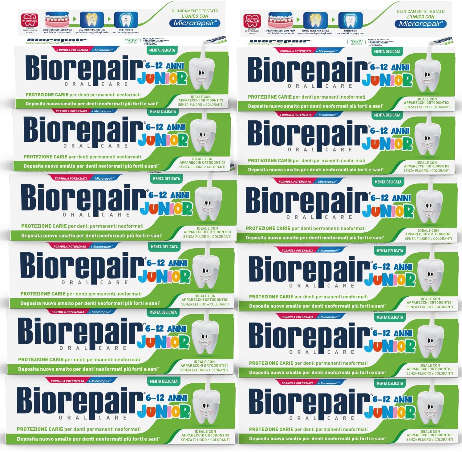 Detalle de Biorepair Junior pasta do zębów 6–12 lat, miętowa, bez fluoru i barwników, 75 ml x 12