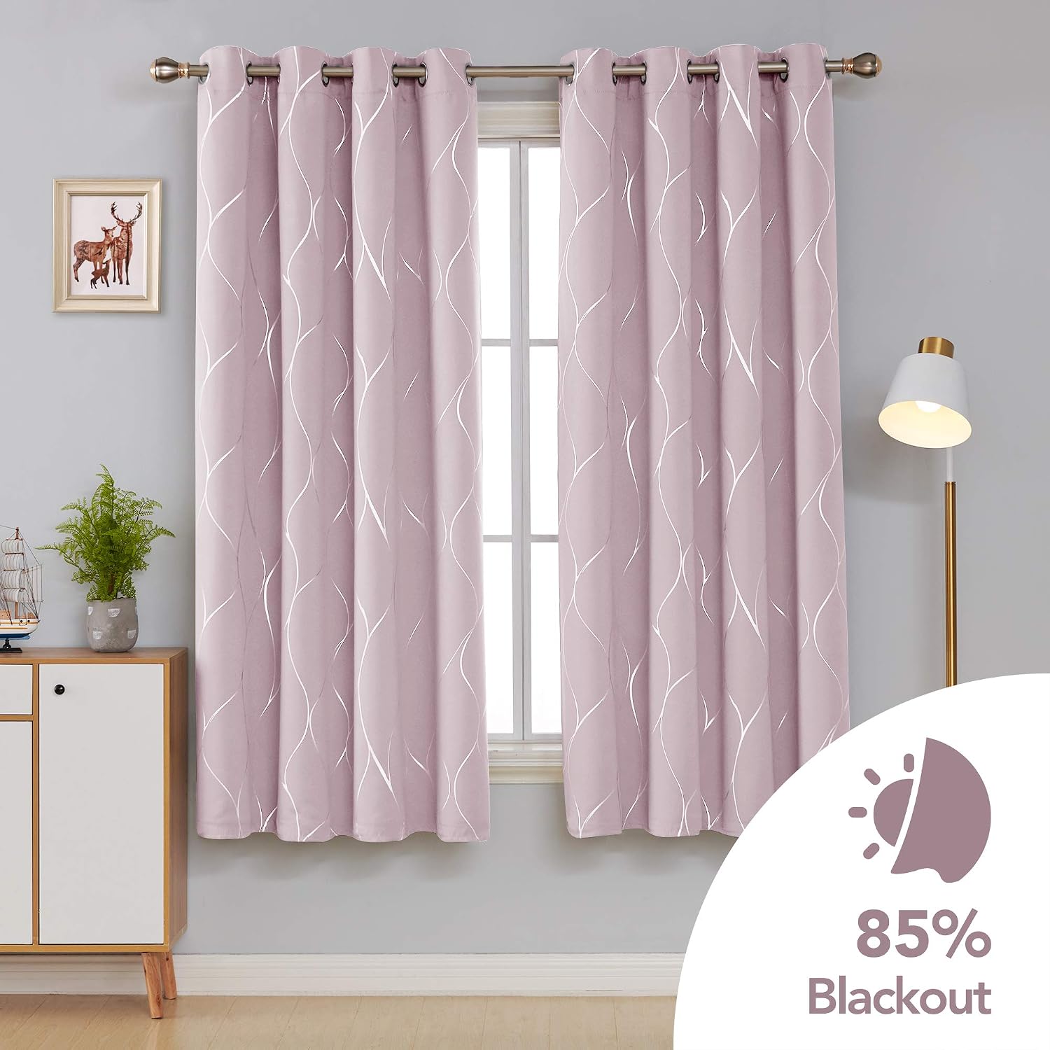 Detalle 2 de Deconovo Eyelet Blackout Curtains, 46 x 72 Inch, Baby Pink – Thermal Insulated, Foil Printed Wave Design (1 Pair)