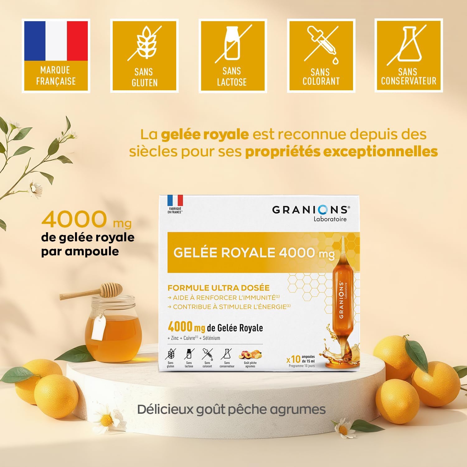 Detalle de GRANIONS Gelee Royale 4000 mg – 10 ampoules 🩺