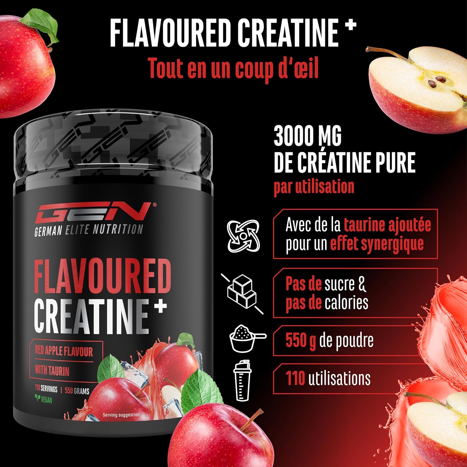 Thumbnail 1 de Flavoured Creatine poudre 550 g – créatine mono hydratée aromatisée avec Taurine, vegan, sans sucre et soluble