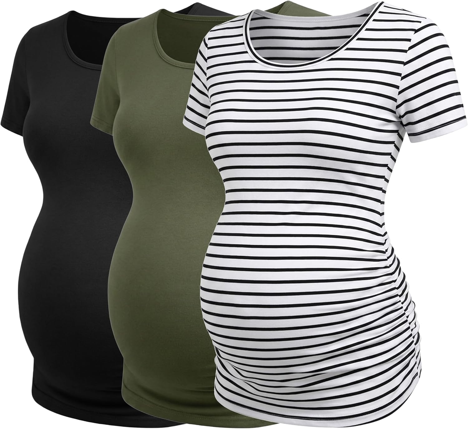 Detalle de Love2Mi 3er Pack Damen Umstandsshirt Kurzarm – Seitliche Raffung für wachsenden Babybauch