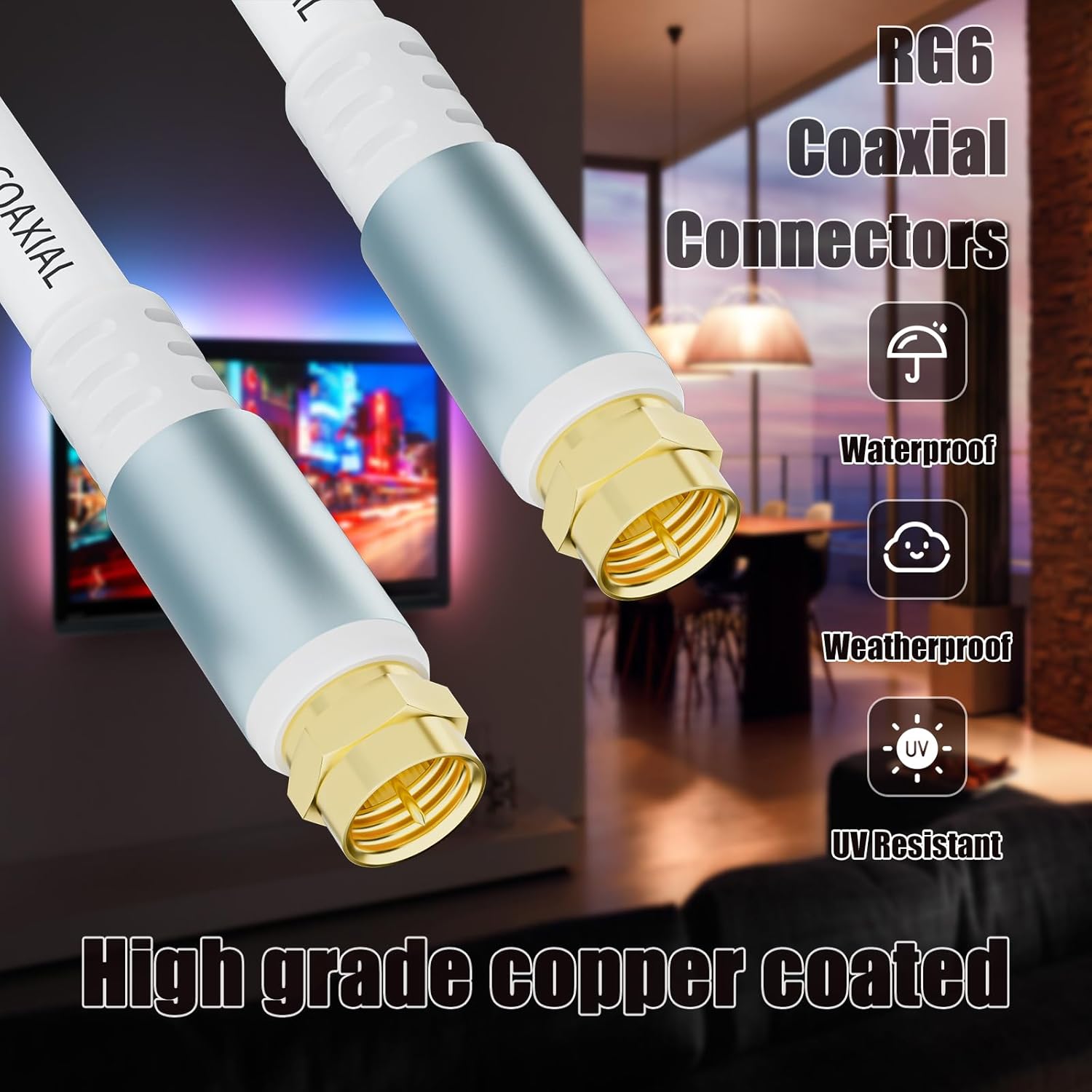 Detalle de GOSYSONG White RG6 Coaxial Cable 50ft: Premium RG6 for TV, Internet, and Satellite