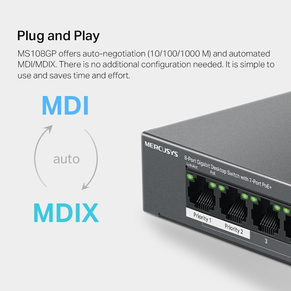 Detalle de MERCUSYS MS108GP 8-Port Gigabit PoE Switch with 7 PoE+ Ports and 250 m Extend Mode