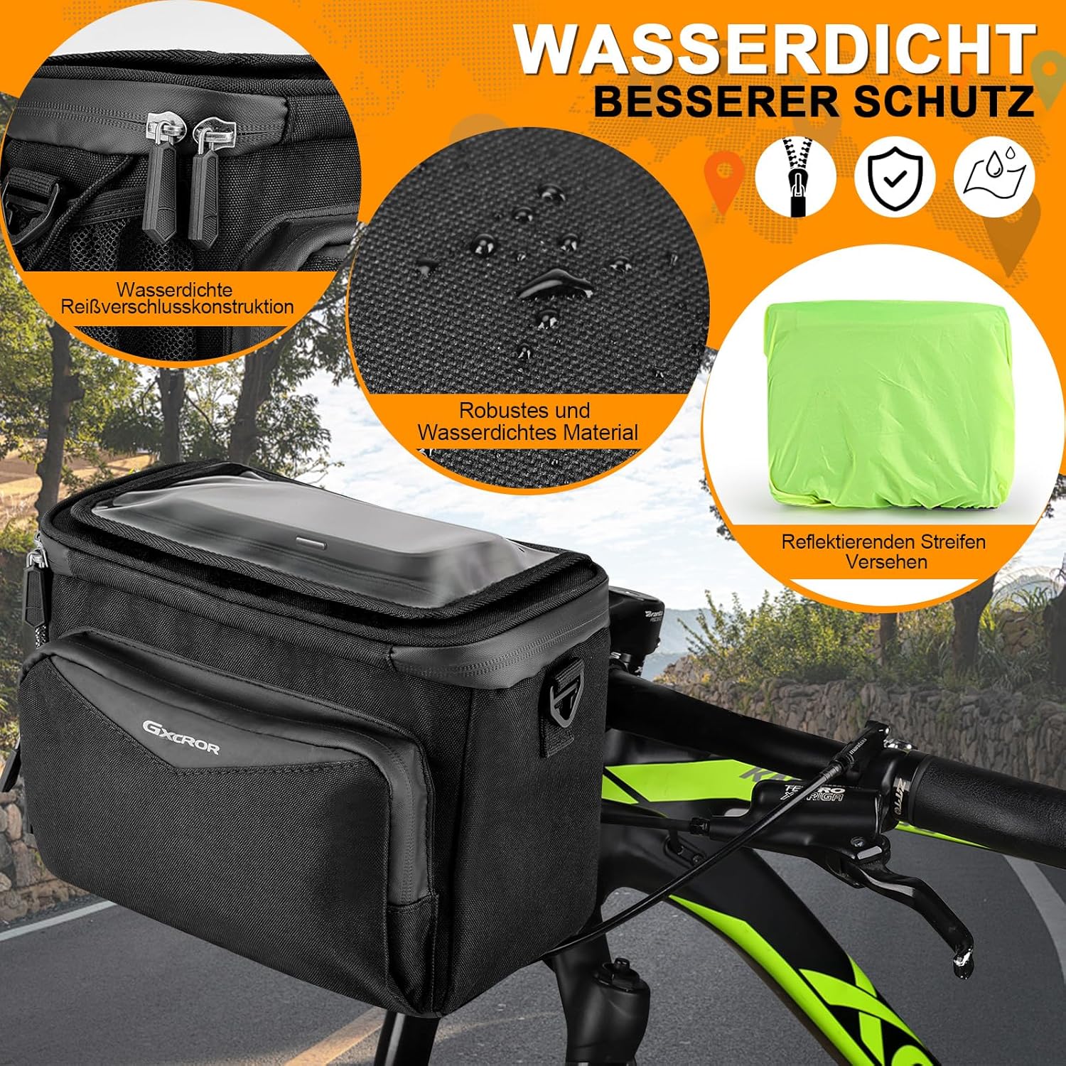 Detalle de GXCROR Lenkertasche Fahrrad 5.5L – Wasserdicht, Touchscreen-Handyhalterung & 3-in-1 Montage