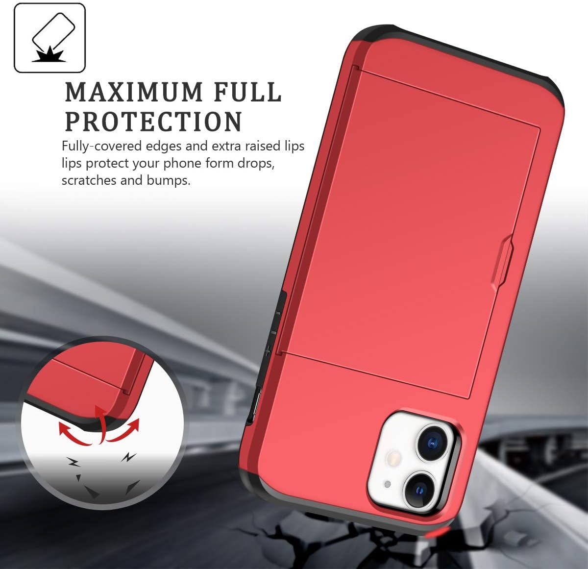 Detalle de Coolden Shockproof Wallet Case for iPhone 12 Mini (Red) – Hybrid TPU/PC Protective Case with Card Slot