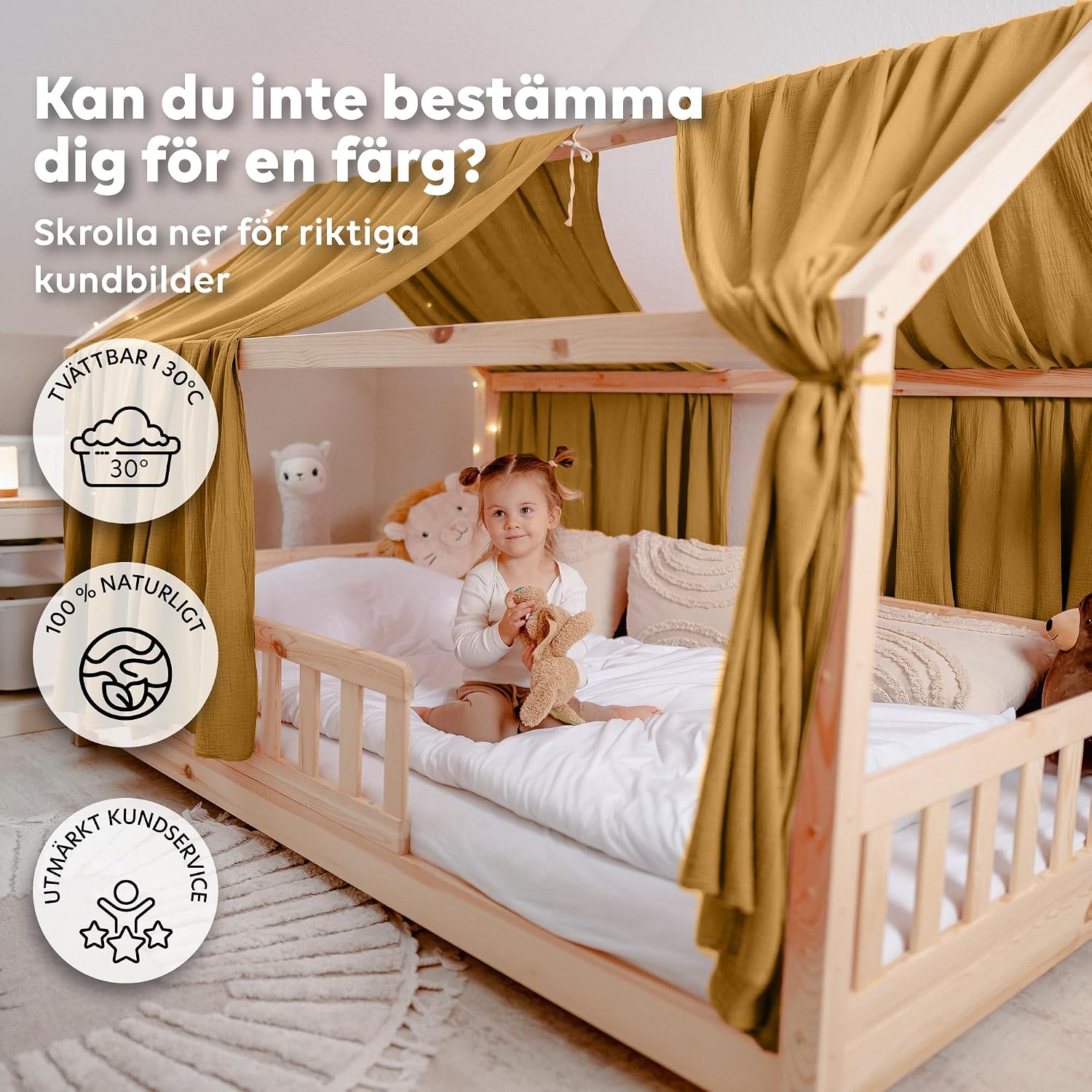 Detalle de lilimaus BH-HB-67x320-GELB sänghimmel för hussäng i senapsgul bomullsmuslin