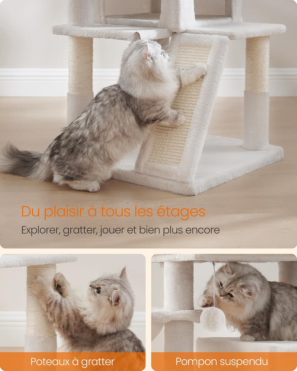 Detalle de Feandrea Arbre à Chat, Tour de Jeux Grand Plate-Forme Blanc Crème PCT051T01