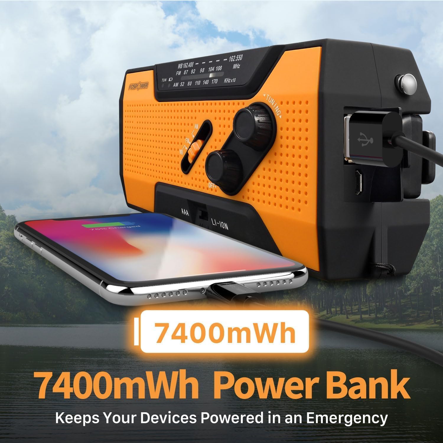 Detalle de FosPower NOAA Emergency Weather Radio A1: 7400mWh Portable Power Bank with AM/FM, Solar, Hand Crank, SOS Alarm and Flashlight (Orange)