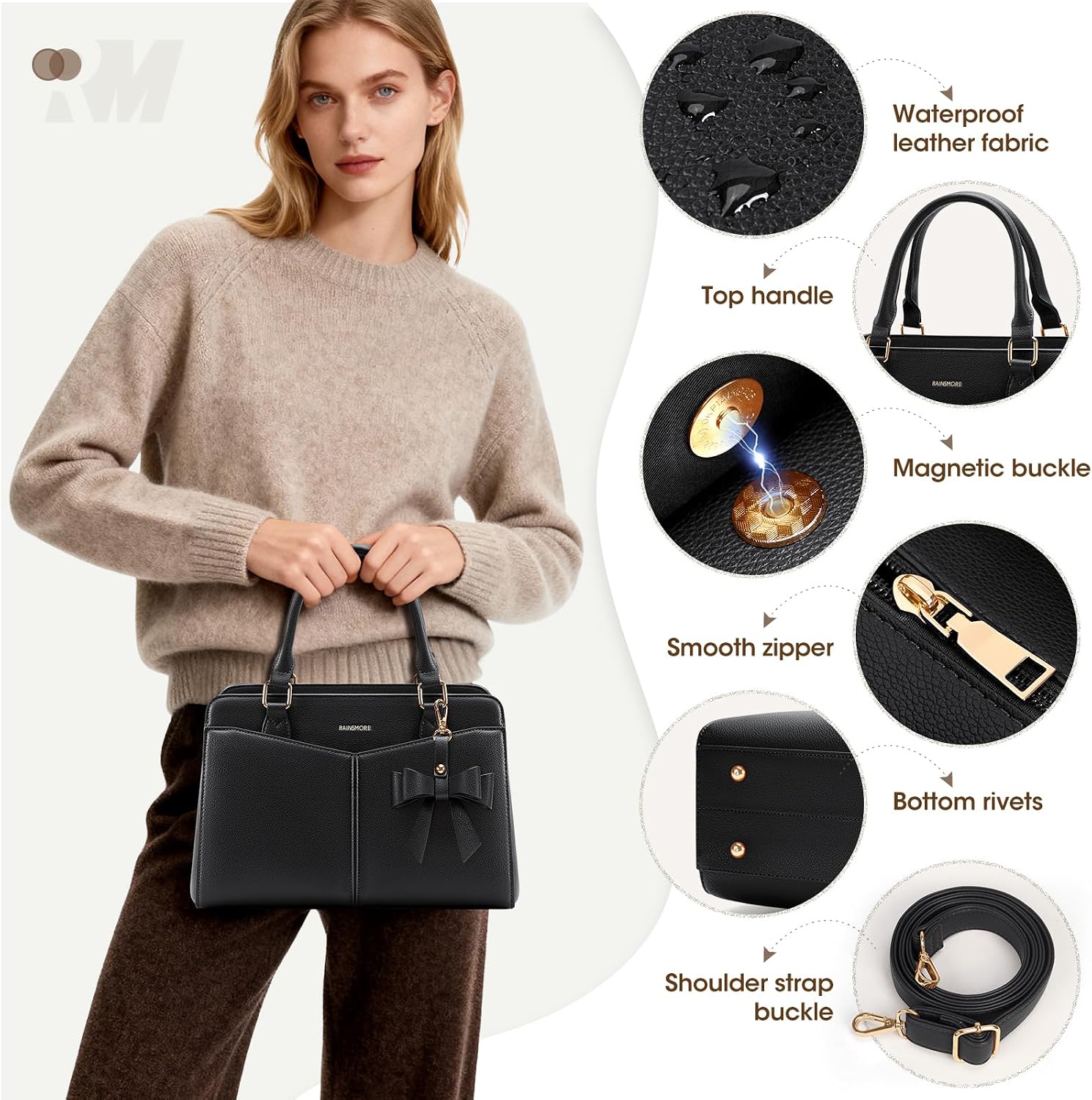 Thumbnail 4 de RAINSMORE PU leather designer handbag – compact top handle, shoulder & tote bag