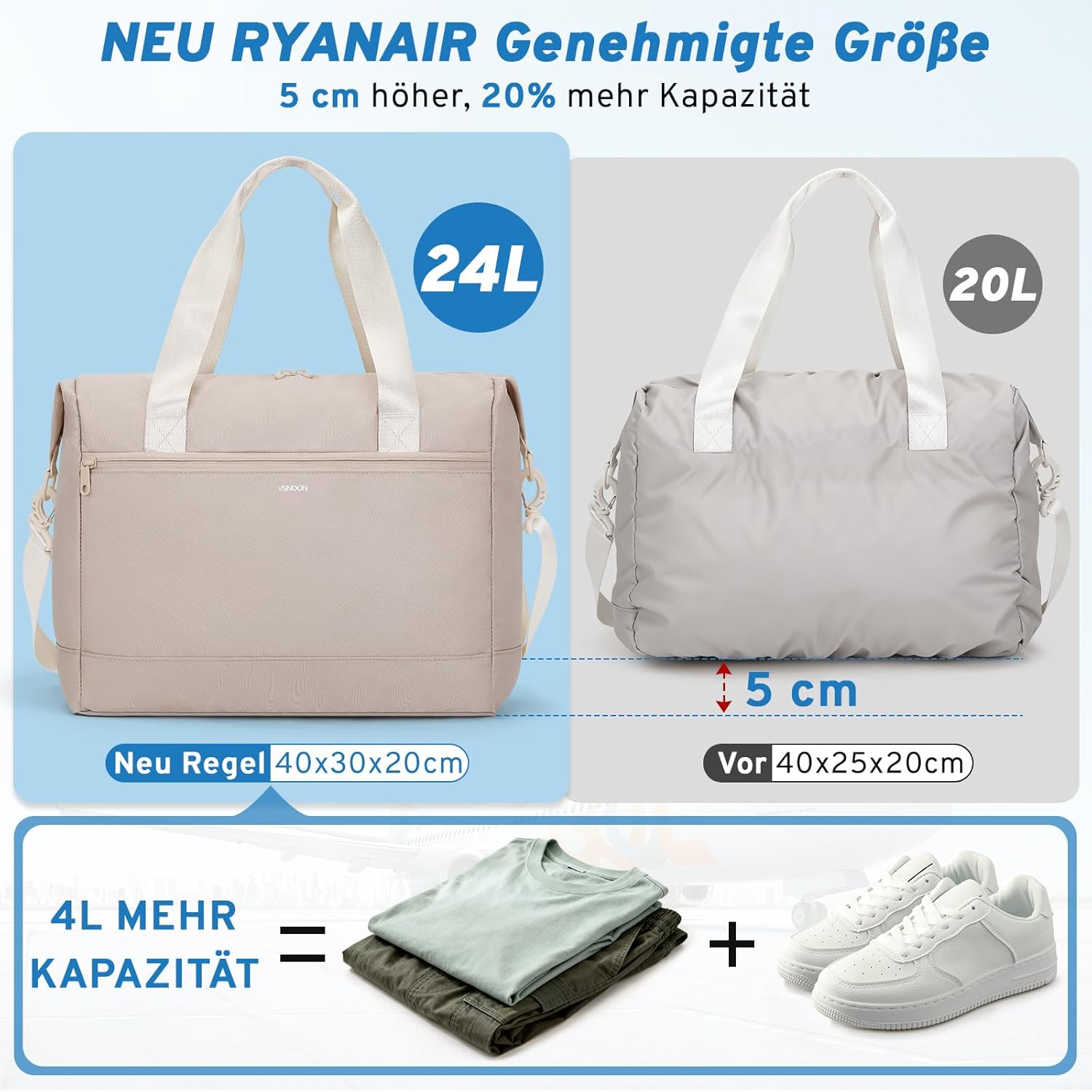 Detalle de VSNOON Handgepäck-Tasche 40x30x20 für Ryanair (40 × 30 × 20 cm), faltbar bis zu 25 l, Khaki