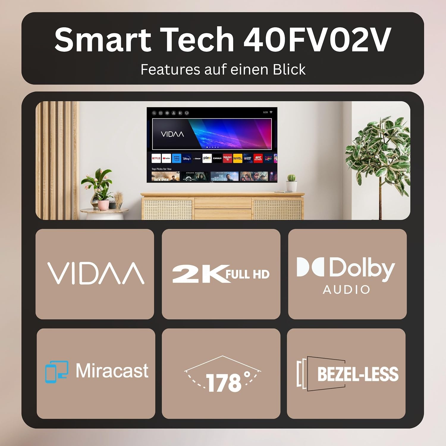 Detalle 2 de Smart Tech 40FV02V: 40 Zoll Full HD Smart TV mit VIDAA, Triple-Tuner & Dolby Audio
