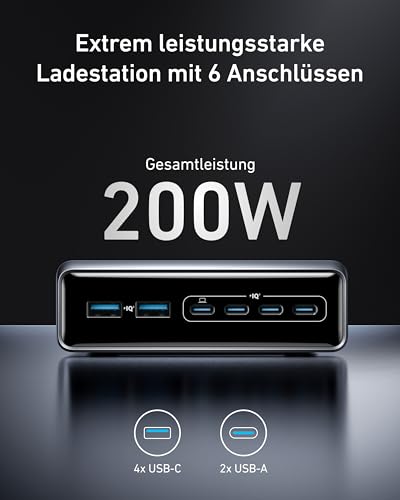 Detalle 2 de Anker Prime 200W USB-C Ladegerät – GaN-Ladestation mit 6 Anschlüssen