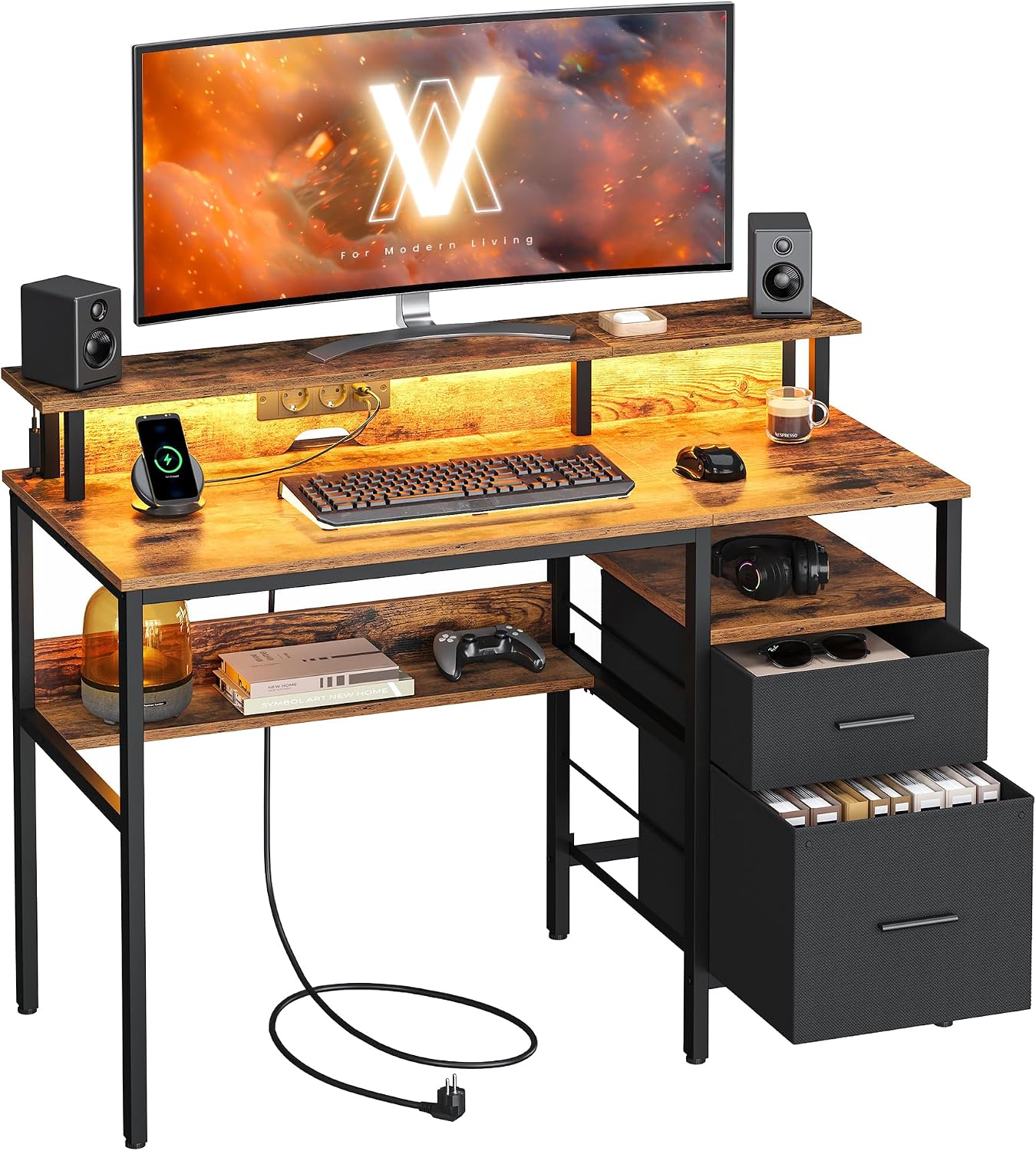 Detalle de VASAGLE LWD093K02 computer desk with fabric drawers, monitor stand, LED lighting and built-in power outlets