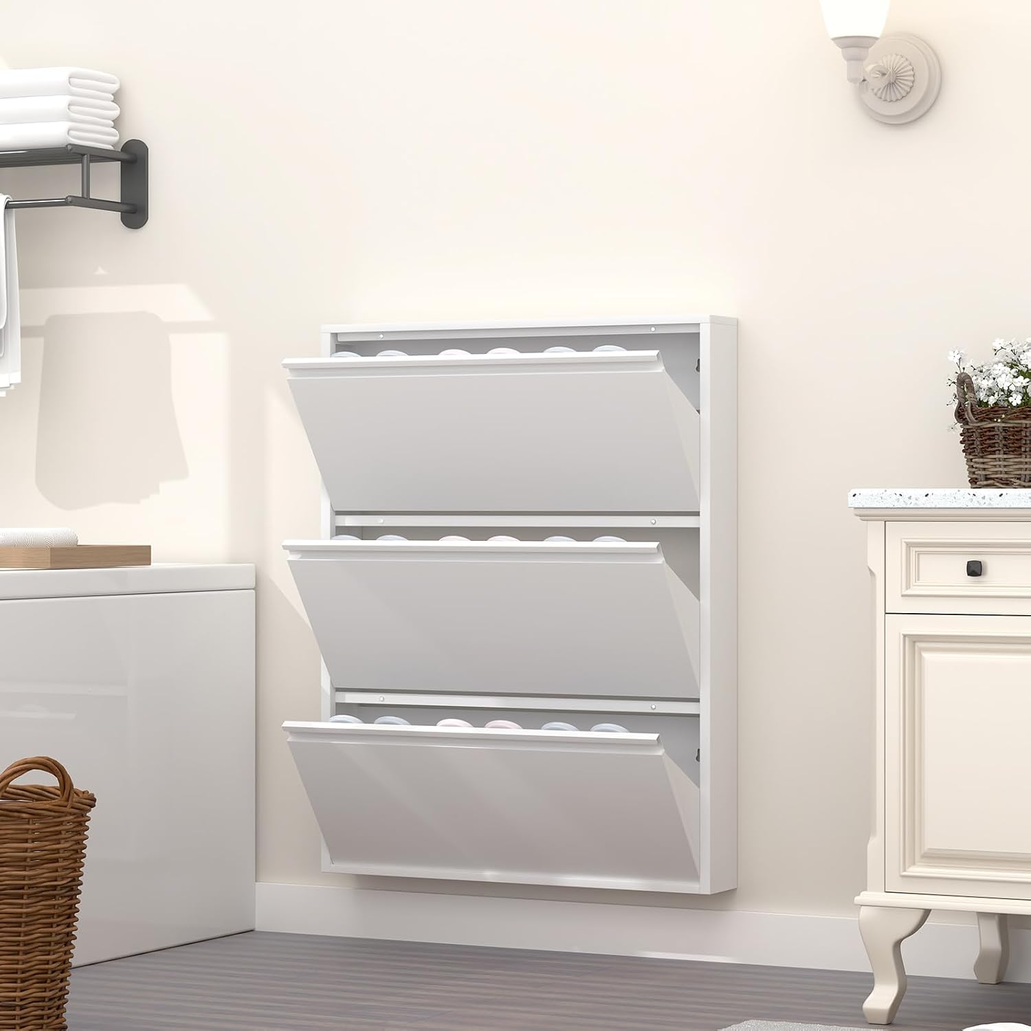 Thumbnail 6 de GREATMEET S-WHITE3 Metal Shoe Cabinet, 3 Flip Drawers, White