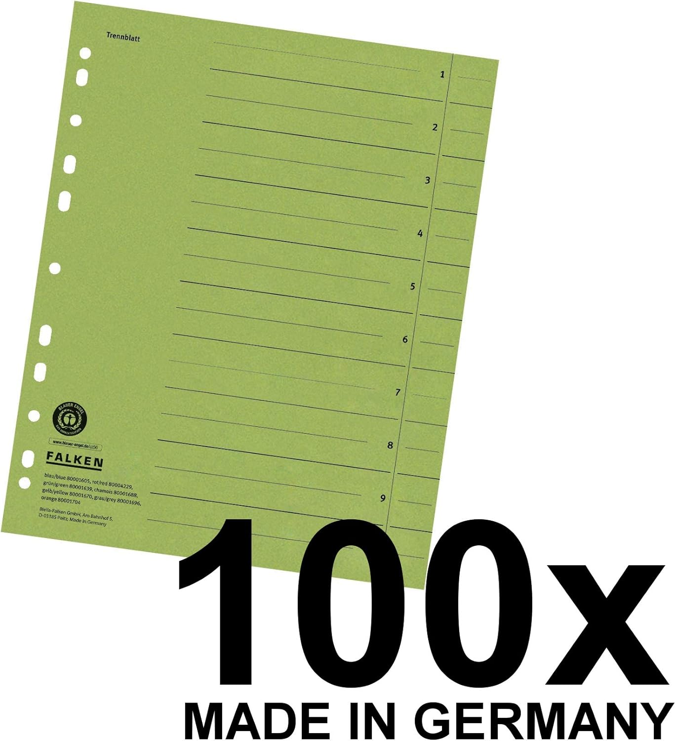 Thumbnail 1 de Original Falken Trennblätter 100er Pack – DIN A4, Recycling-Karton, Grün, Blauer Engel, Made in Germany