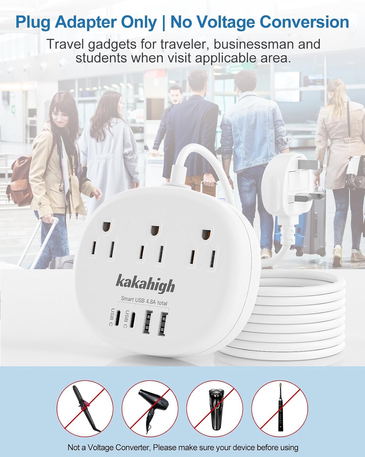 Thumbnail 2 de kakahigh 771 UK Travel Adapter Power Strip, 3-Foot Cord, 3 Outlets & 4 USB Ports